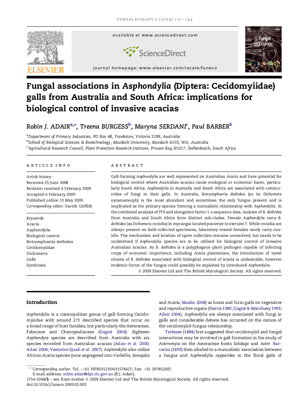 Fungal associations in Asphondylia (Diptera: Cecidomyiidae) galls from Australia and South Africa: implications for biological control of invasive acacias