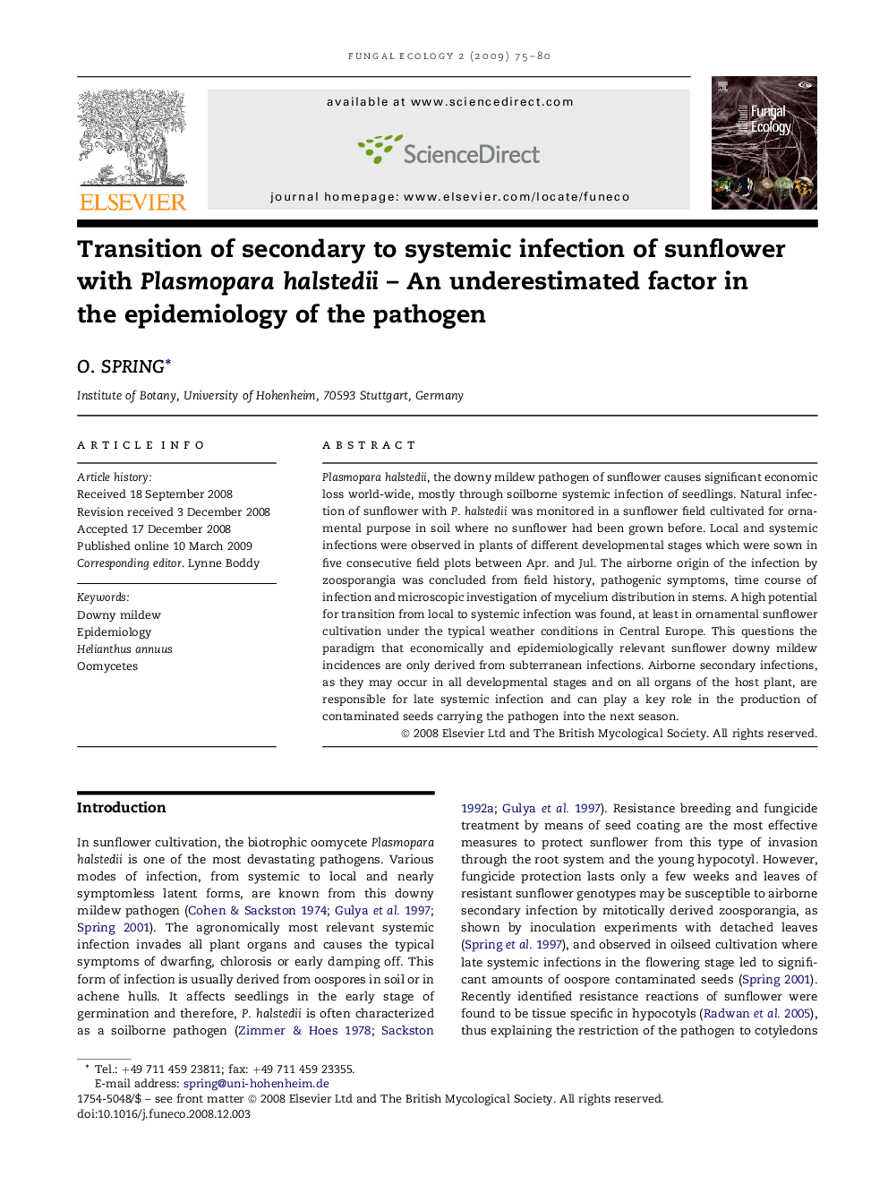 Transition of secondary to systemic infection of sunflower with Plasmopara halstedii – An underestimated factor in the epidemiology of the pathogen