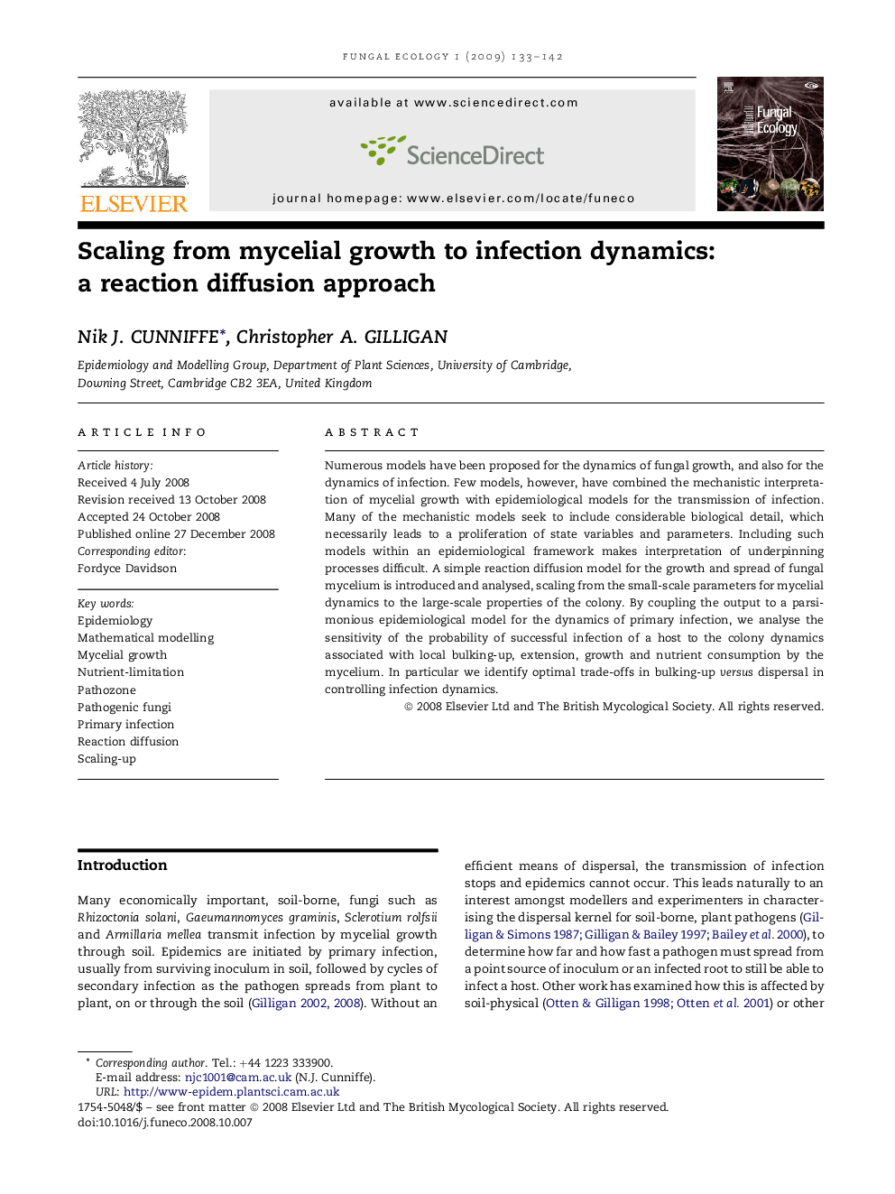 Scaling from mycelial growth to infection dynamics: a reaction diffusion approach