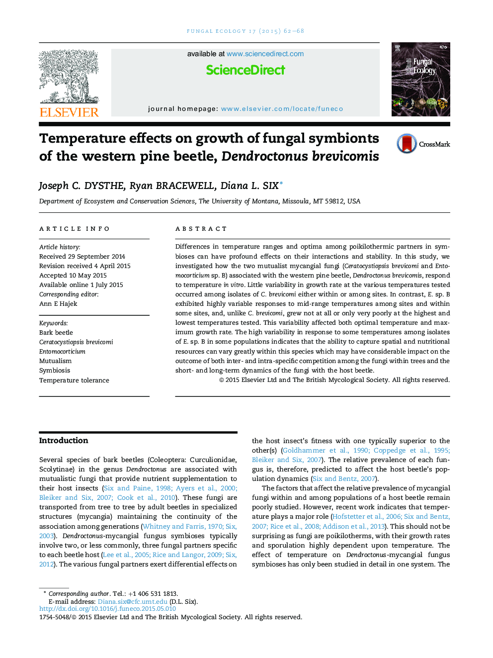 Temperature effects on growth of fungal symbionts of the western pine beetle, Dendroctonus brevicomis