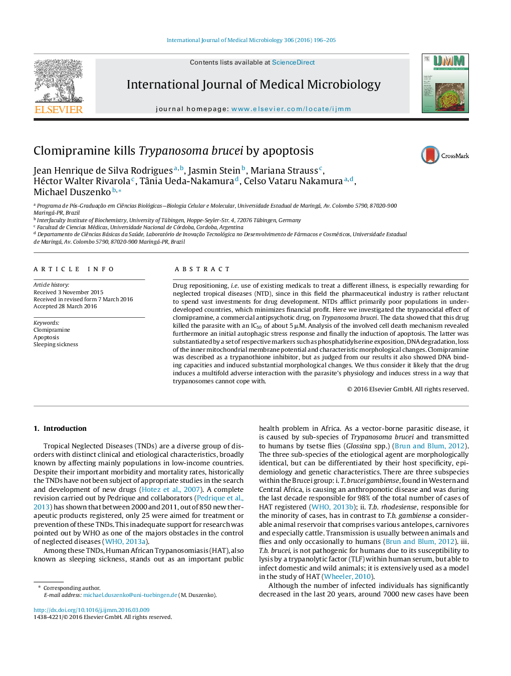 Clomipramine kills Trypanosoma brucei by apoptosis