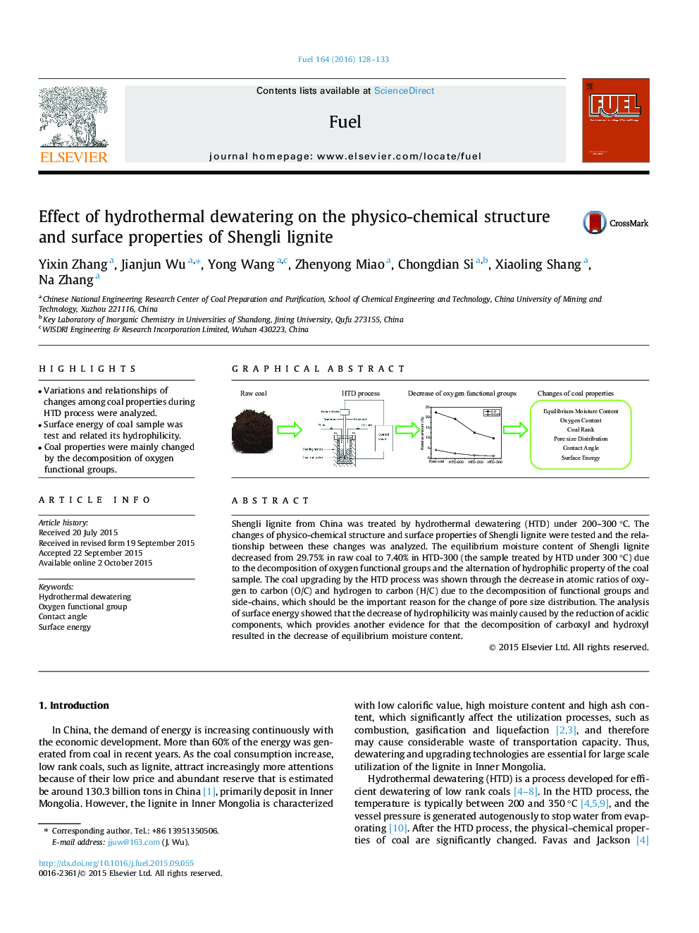 Effect of hydrothermal dewatering on the physico-chemical structure and surface properties of Shengli lignite