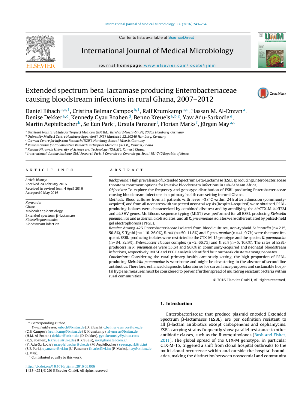 Extended spectrum beta-lactamase producing Enterobacteriaceae causing bloodstream infections in rural Ghana, 2007–2012