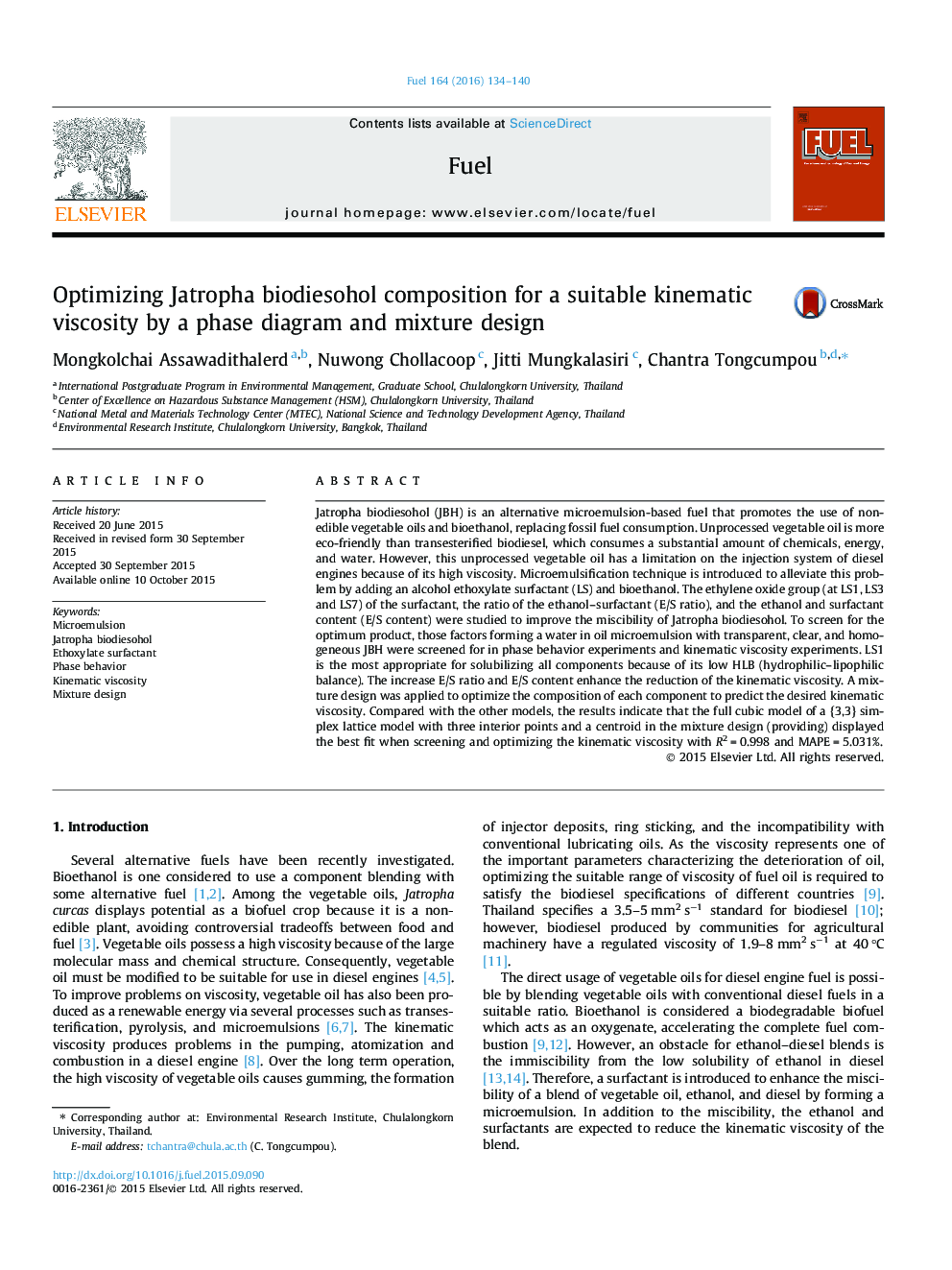 Optimizing Jatropha biodiesohol composition for a suitable kinematic viscosity by a phase diagram and mixture design