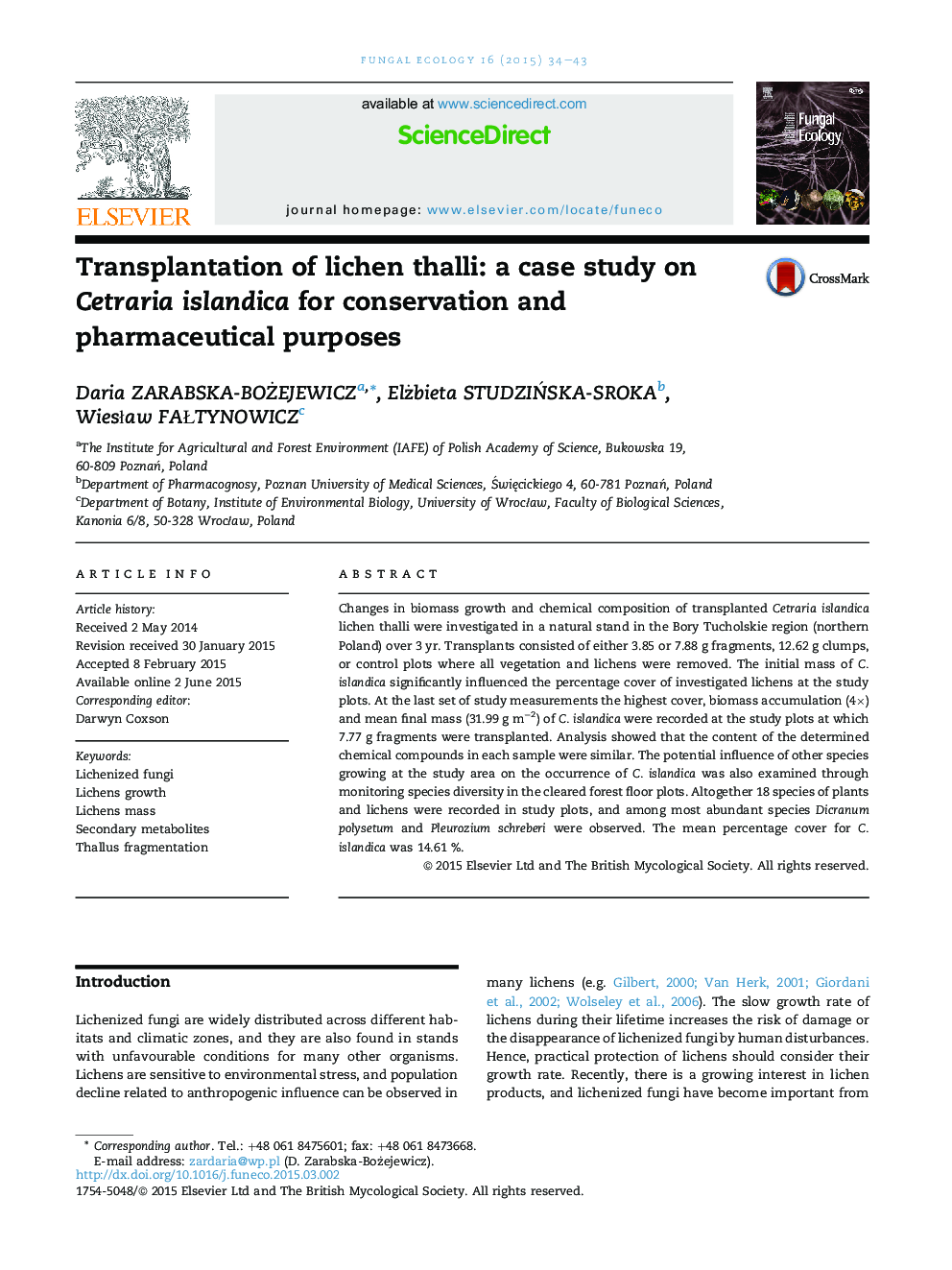 Transplantation of lichen thalli: a case study on Cetraria islandica for conservation and pharmaceutical purposes