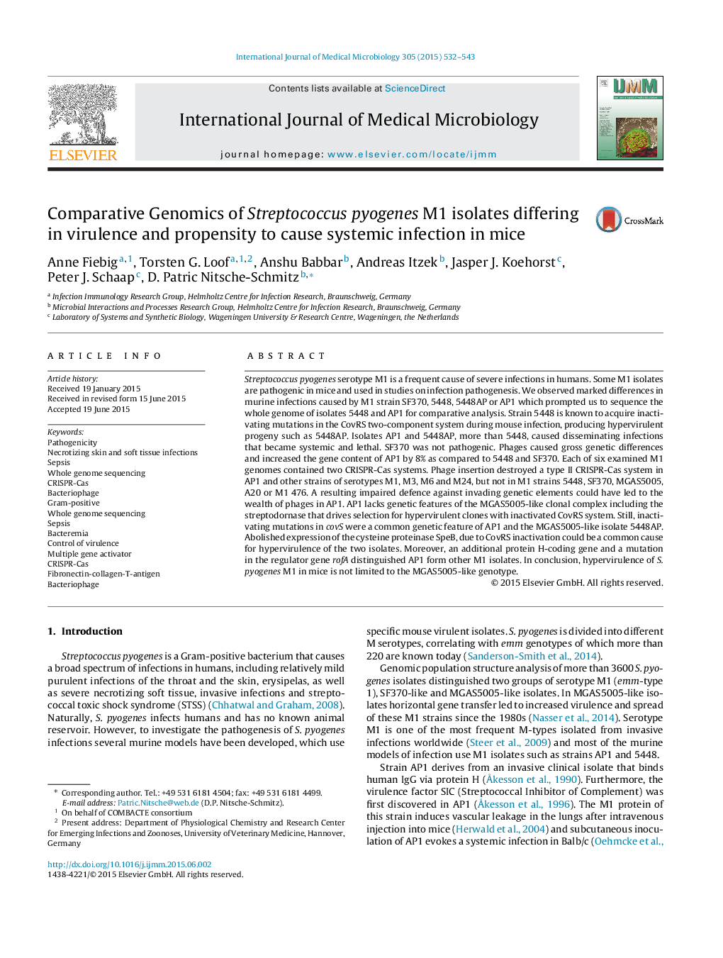 Comparative Genomics of Streptococcus pyogenes M1 isolates differing in virulence and propensity to cause systemic infection in mice