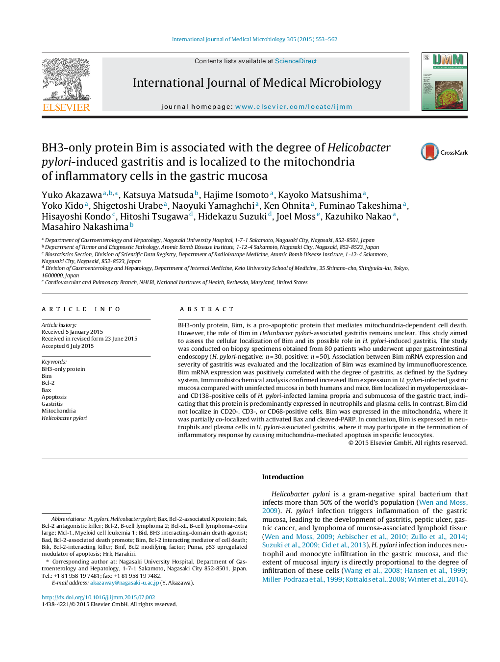 BH3-only protein Bim is associated with the degree of Helicobacter pylori-induced gastritis and is localized to the mitochondria of inflammatory cells in the gastric mucosa