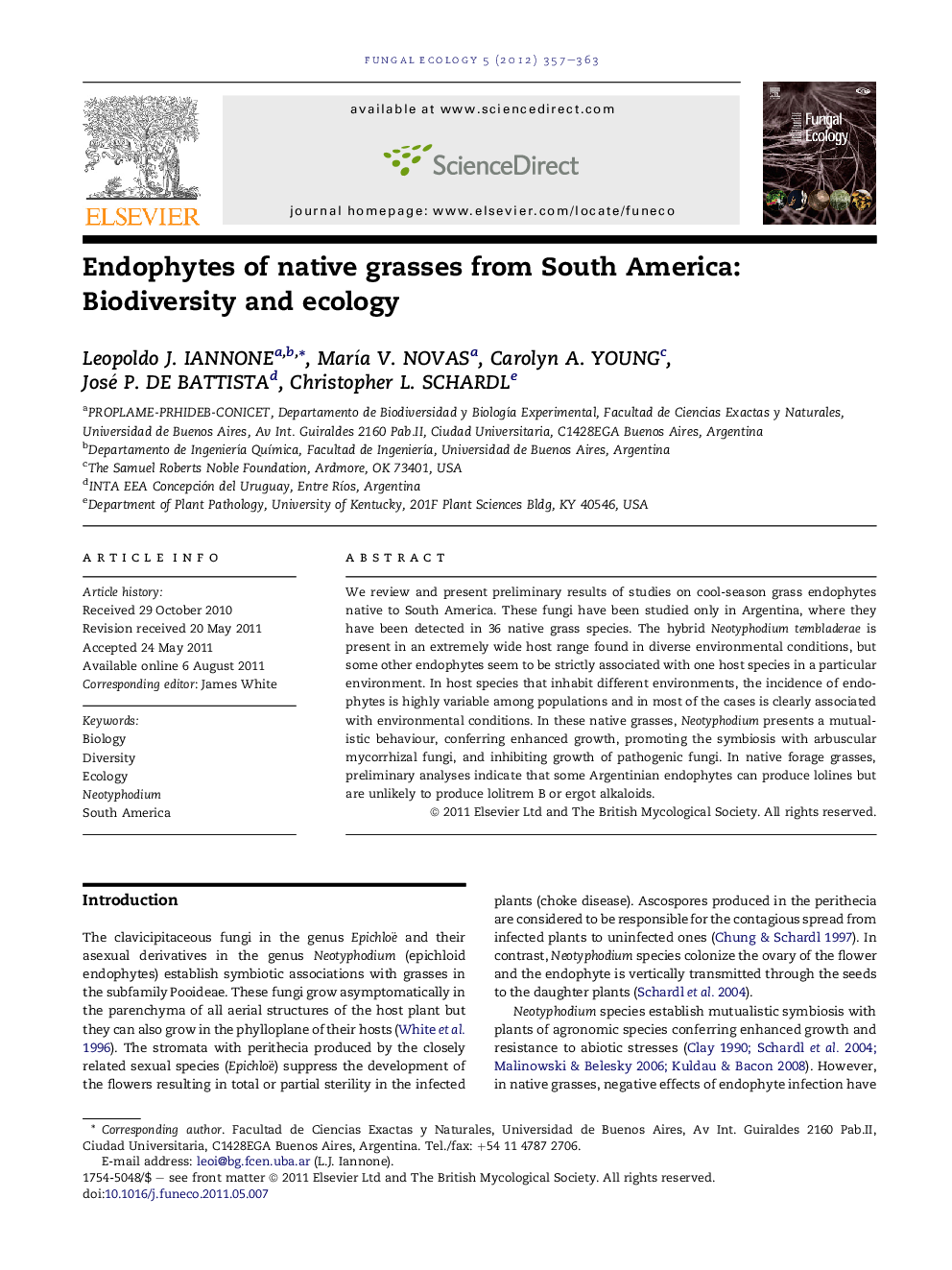 عکس صفحه اول مقاله: Endophytes of native grasses from South America: Biodiversity and ecology Endophytes of native grasses from South America: Biodiversity and ecology