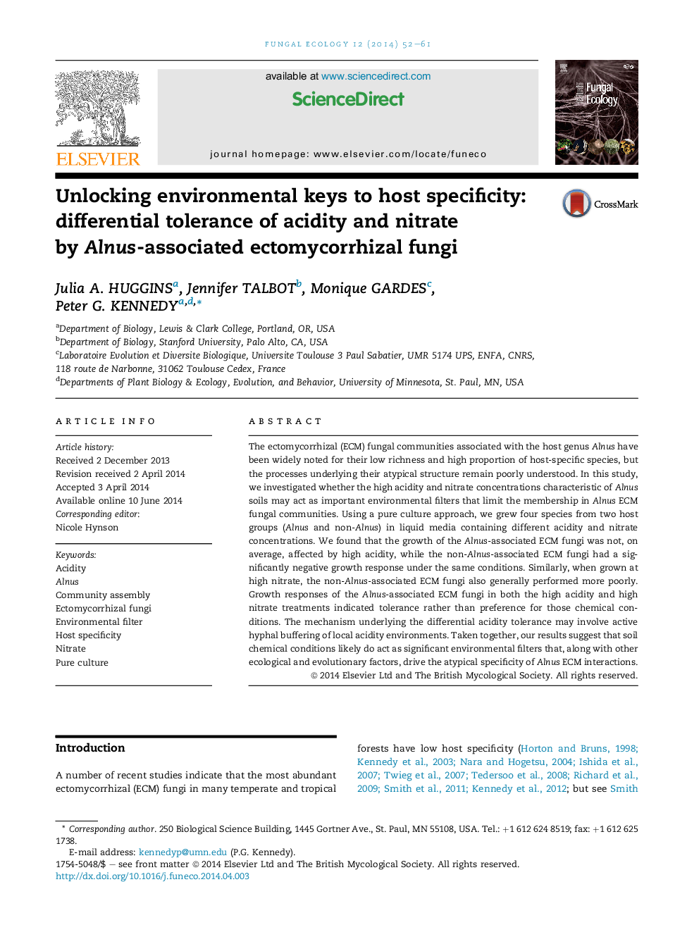 Unlocking environmental keys to host specificity: differential tolerance of acidity and nitrate by Alnus-associated ectomycorrhizal fungi