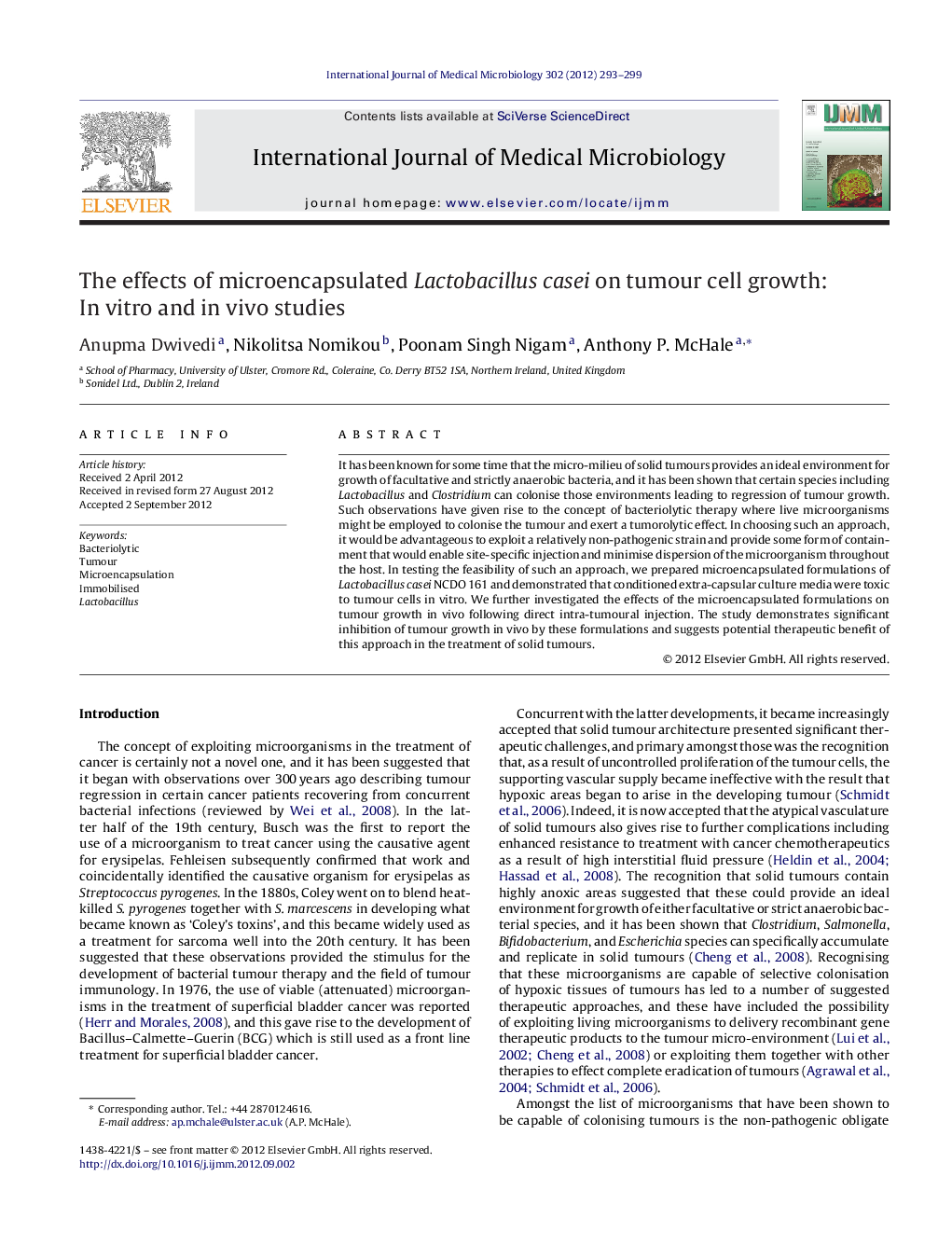 The effects of microencapsulated Lactobacillus casei on tumour cell growth: In vitro and in vivo studies