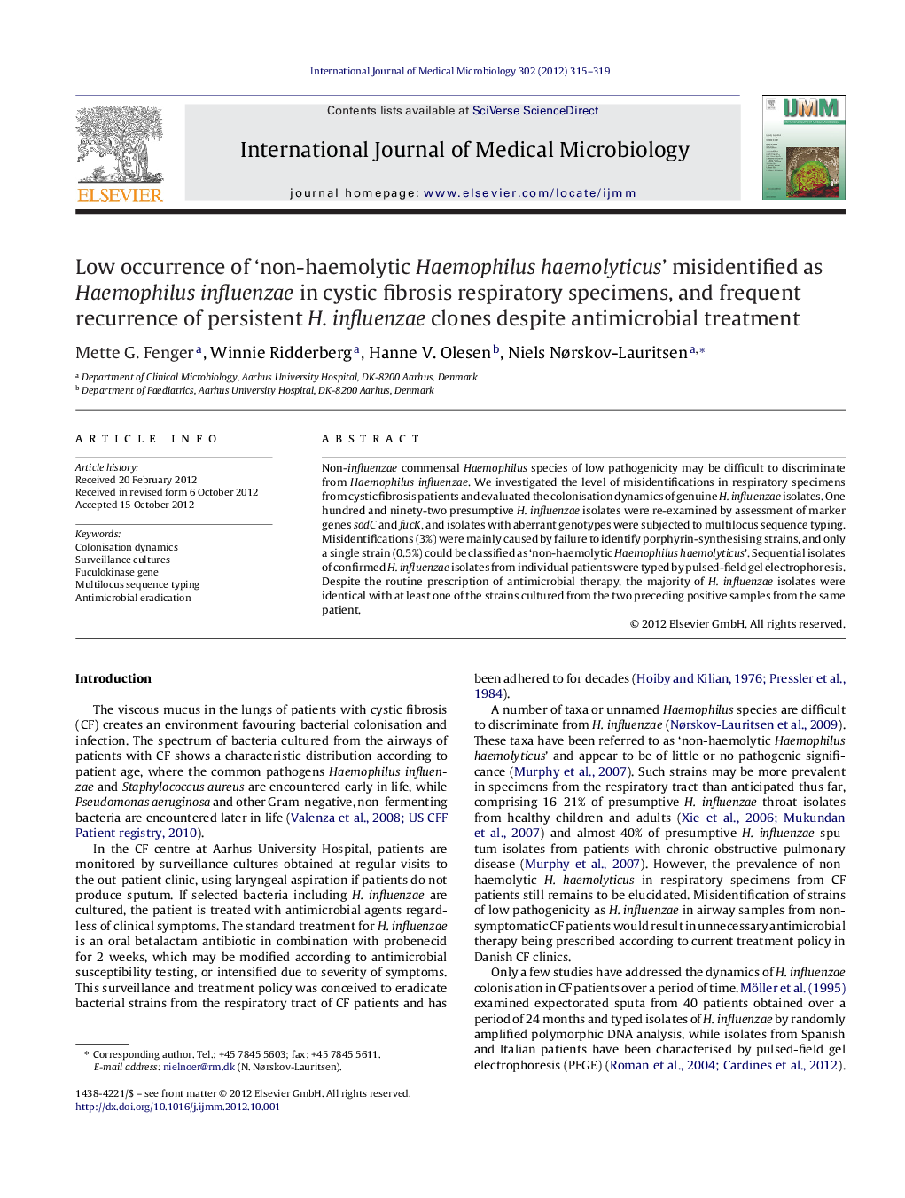 Low occurrence of ‘non-haemolytic Haemophilus haemolyticus’ misidentified as Haemophilus influenzae in cystic fibrosis respiratory specimens, and frequent recurrence of persistent H. influenzae clones despite antimicrobial treatment