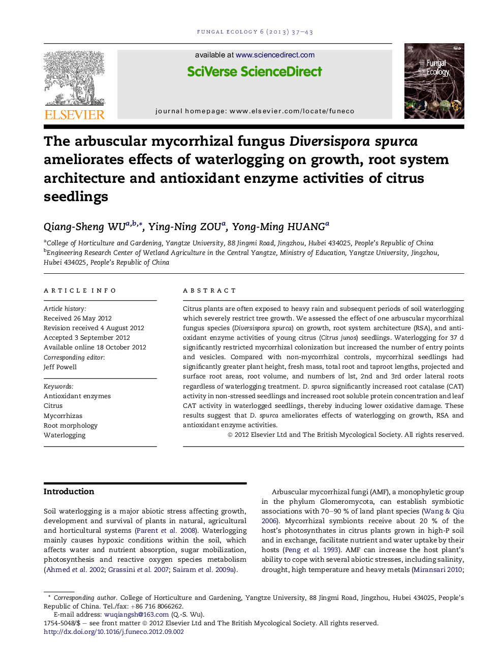 The arbuscular mycorrhizal fungus Diversispora spurca ameliorates effects of waterlogging on growth, root system architecture and antioxidant enzyme activities of citrus seedlings