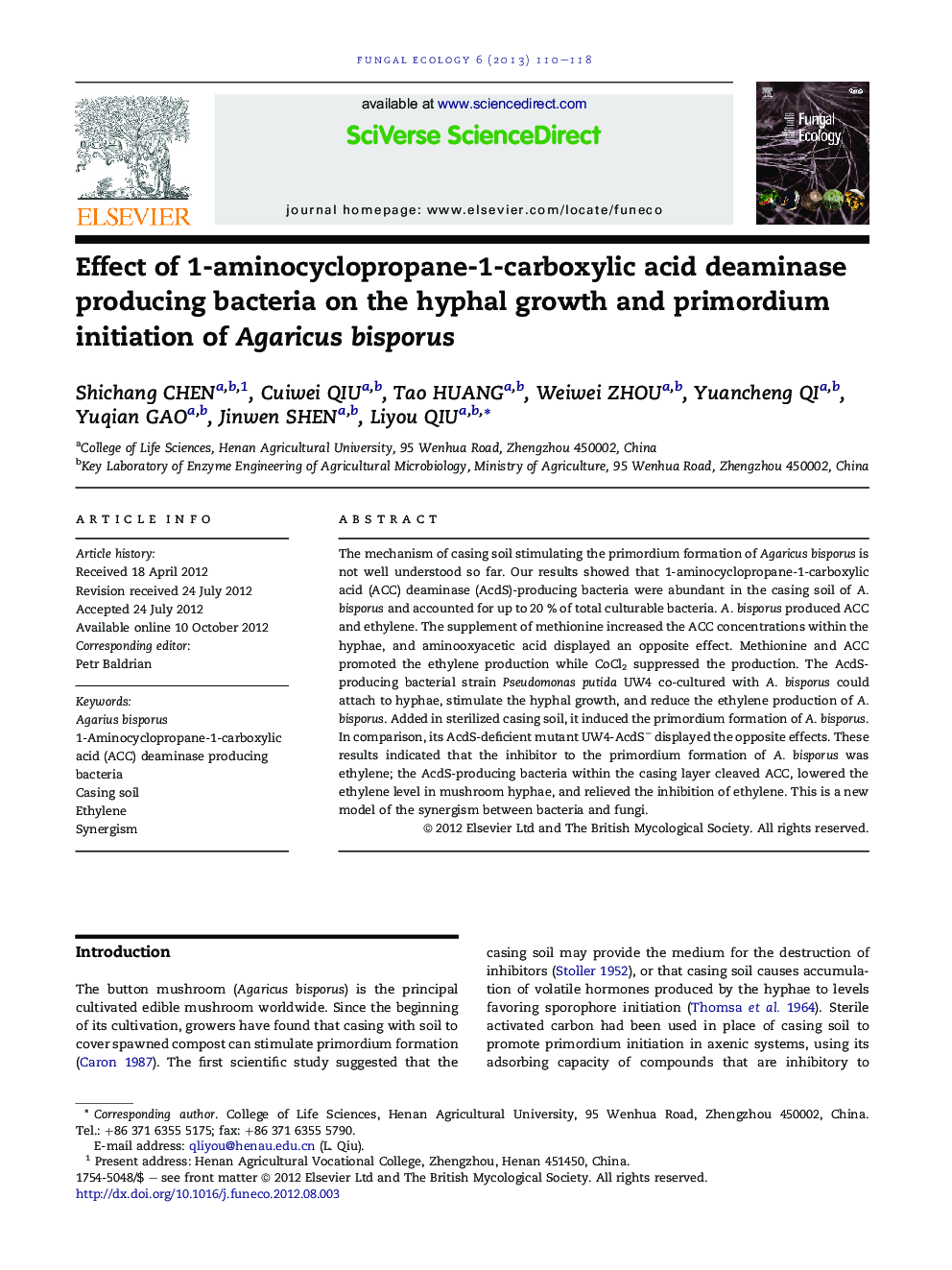 Effect of 1-aminocyclopropane-1-carboxylic acid deaminase producing bacteria on the hyphal growth and primordium initiation of Agaricus bisporus