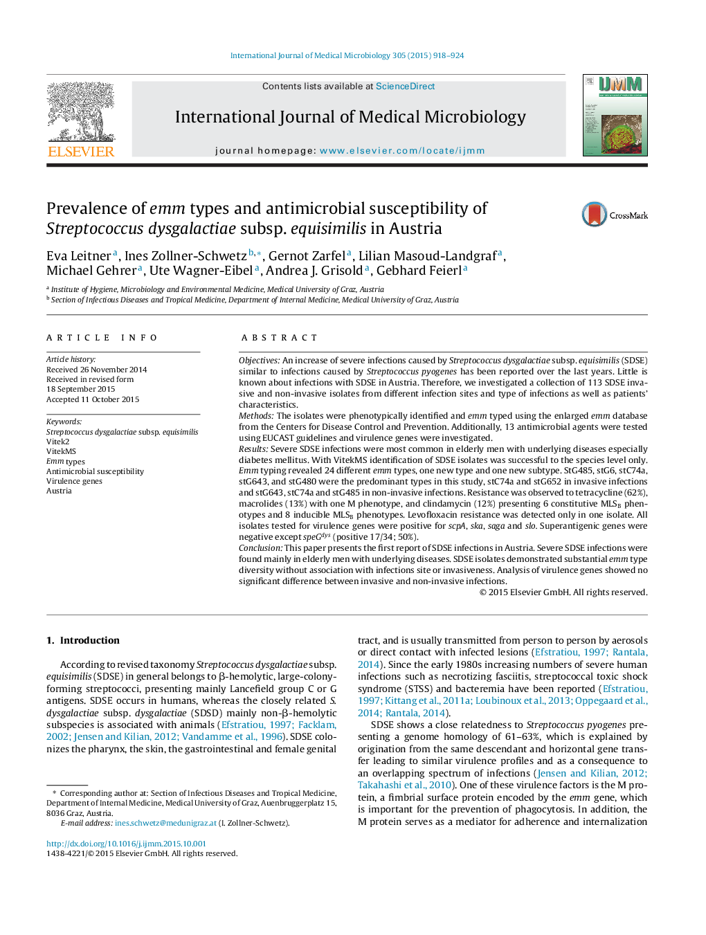 Prevalence of emm types and antimicrobial susceptibility of Streptococcus dysgalactiae subsp. equisimilis in Austria