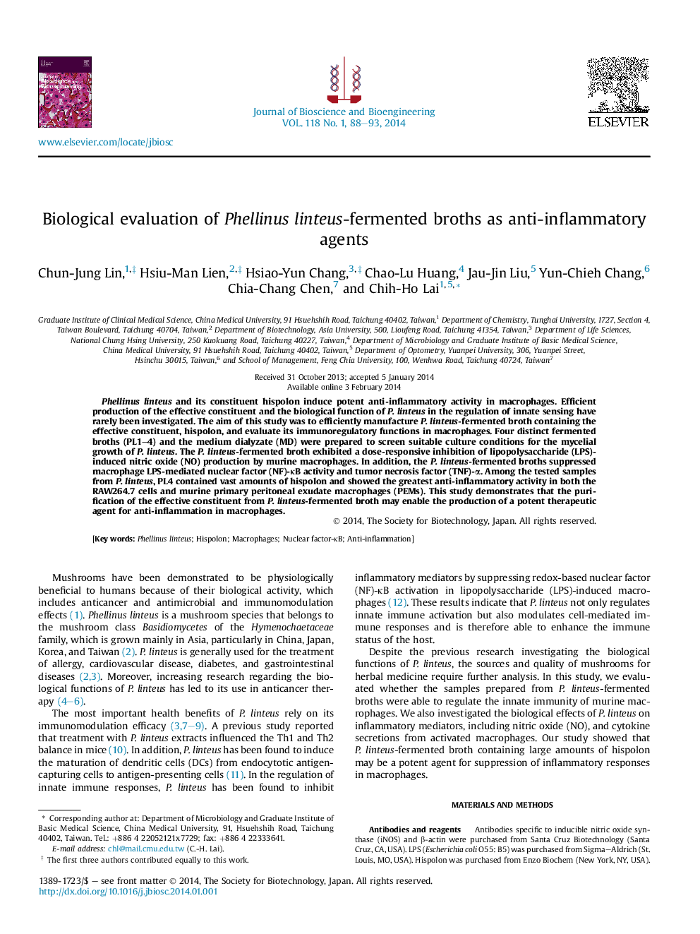 Biological evaluation of Phellinus linteus-fermented broths as anti-inflammatory agents