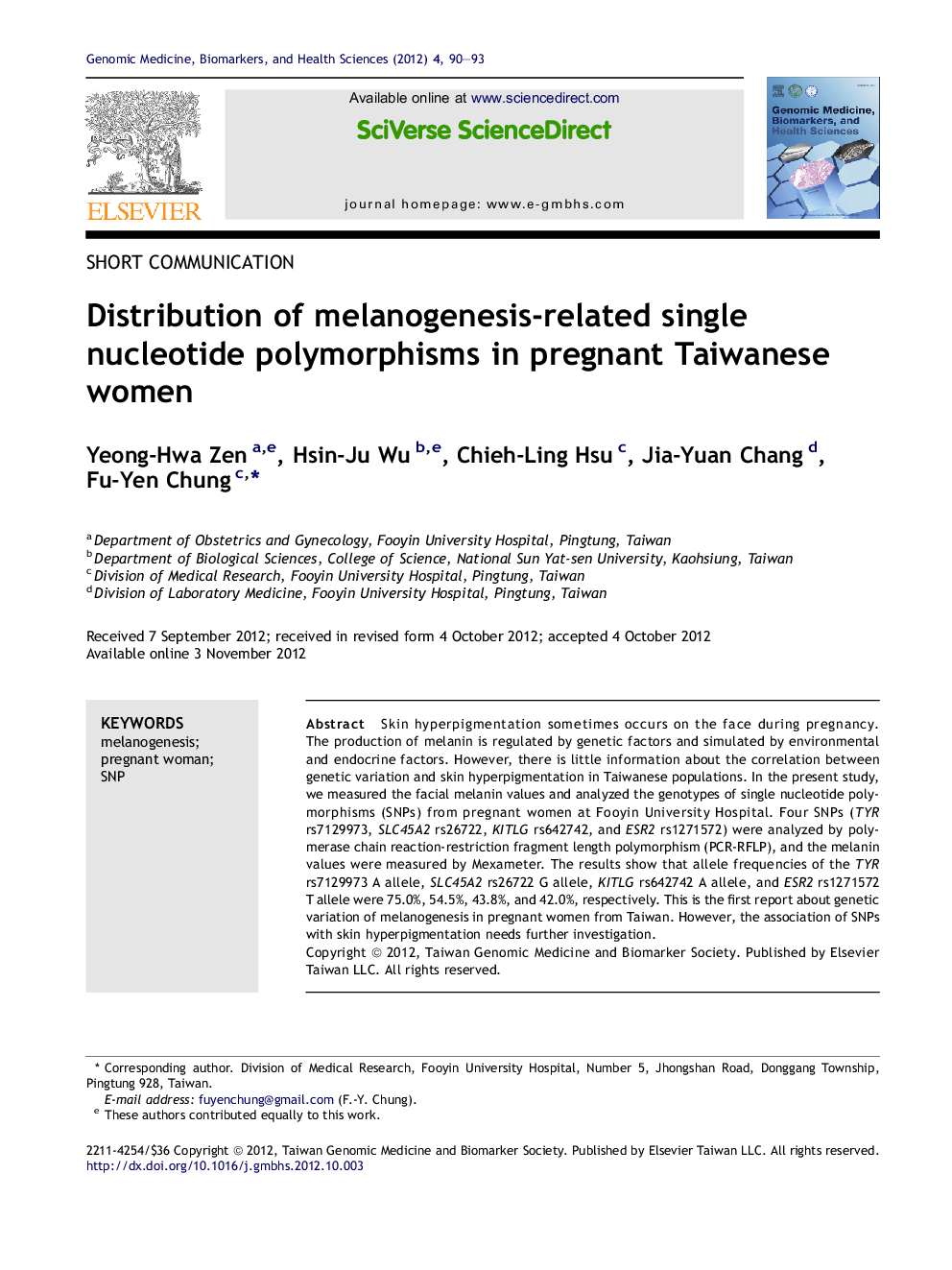 Distribution of melanogenesis-related single nucleotide polymorphisms in pregnant Taiwanese women