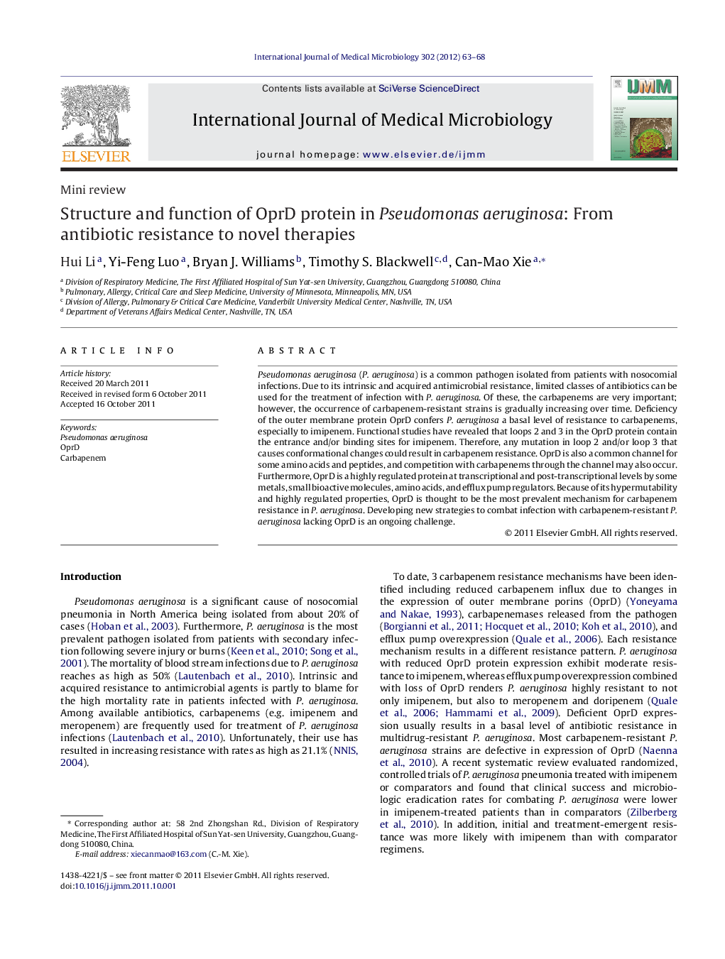 Structure and function of OprD protein in Pseudomonas aeruginosa: From antibiotic resistance to novel therapies