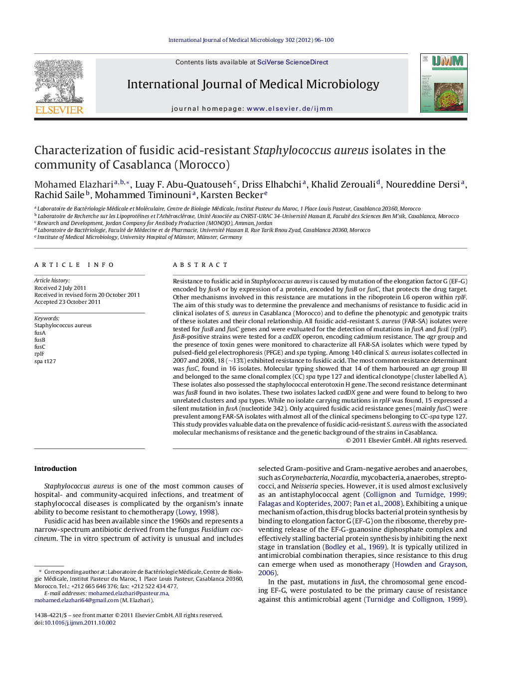 Characterization of fusidic acid-resistant Staphylococcus aureus isolates in the community of Casablanca (Morocco)