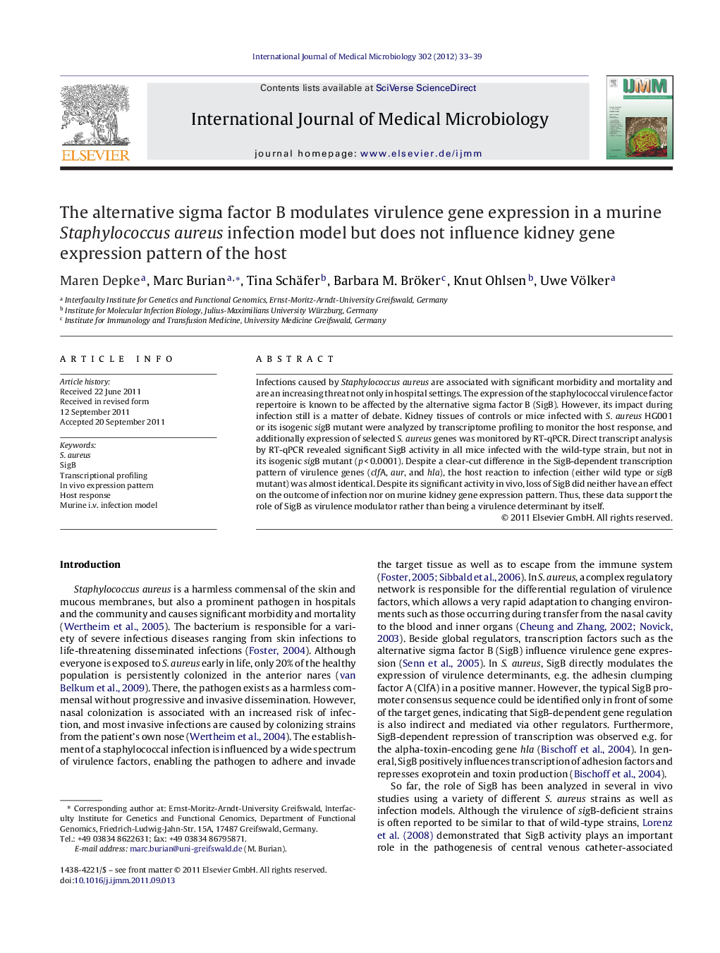 The alternative sigma factor B modulates virulence gene expression in a murine Staphylococcus aureus infection model but does not influence kidney gene expression pattern of the host