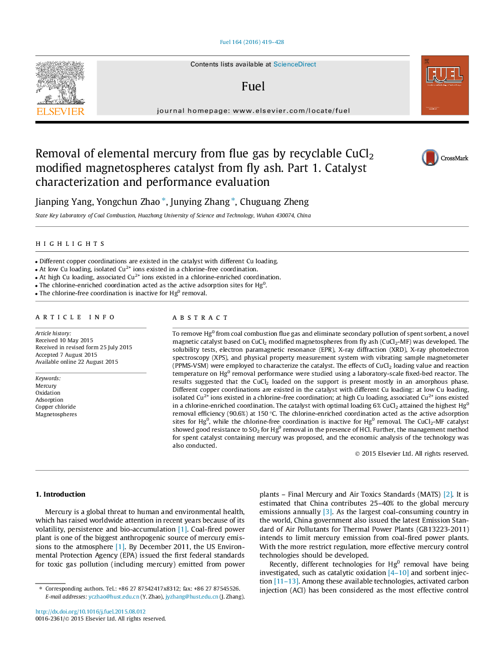 Removal of elemental mercury from flue gas by recyclable CuCl2 modified magnetospheres catalyst from fly ash. Part 1. Catalyst characterization and performance evaluation