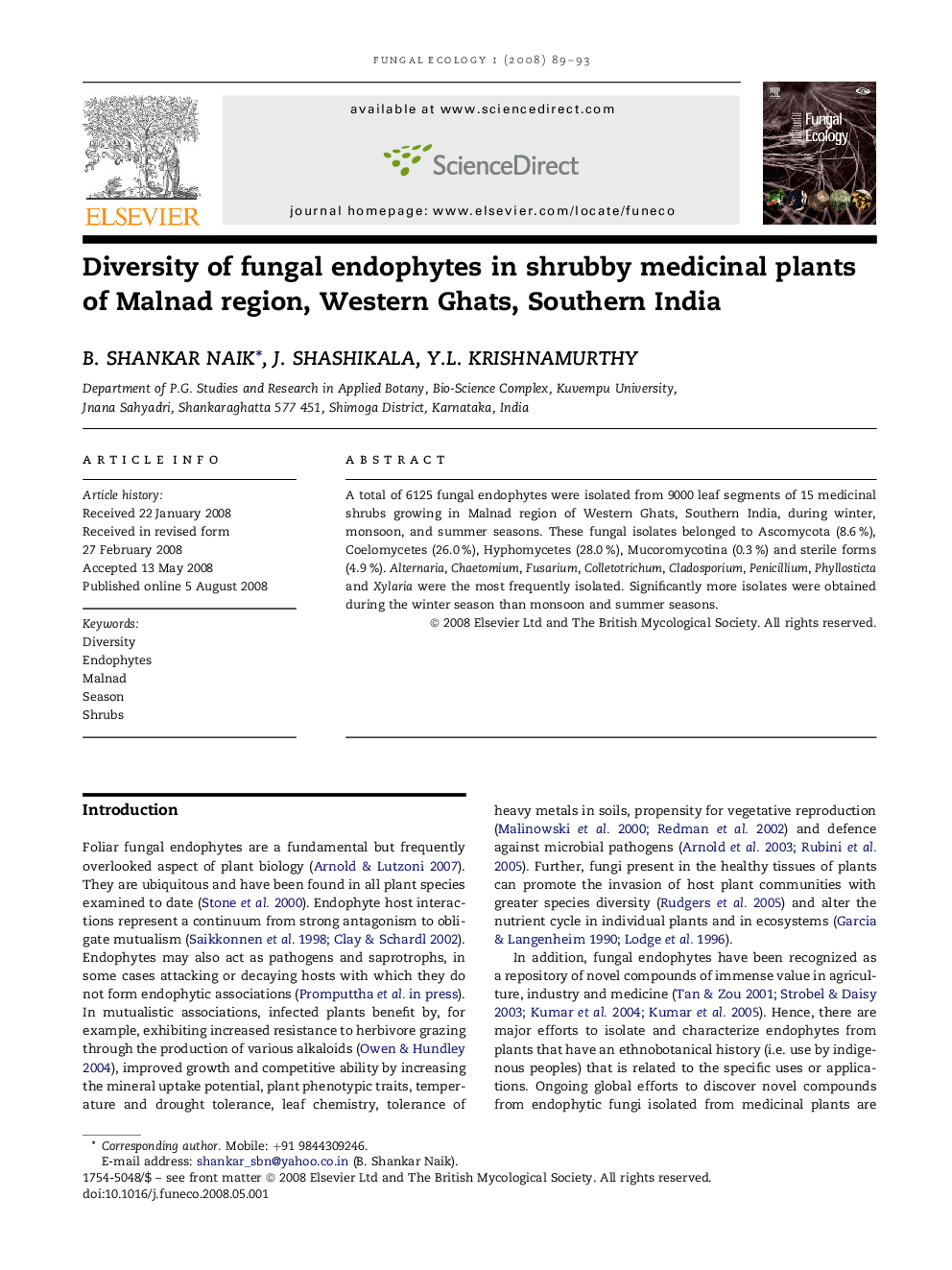 Diversity of fungal endophytes in shrubby medicinal plants of Malnad region, Western Ghats, Southern India