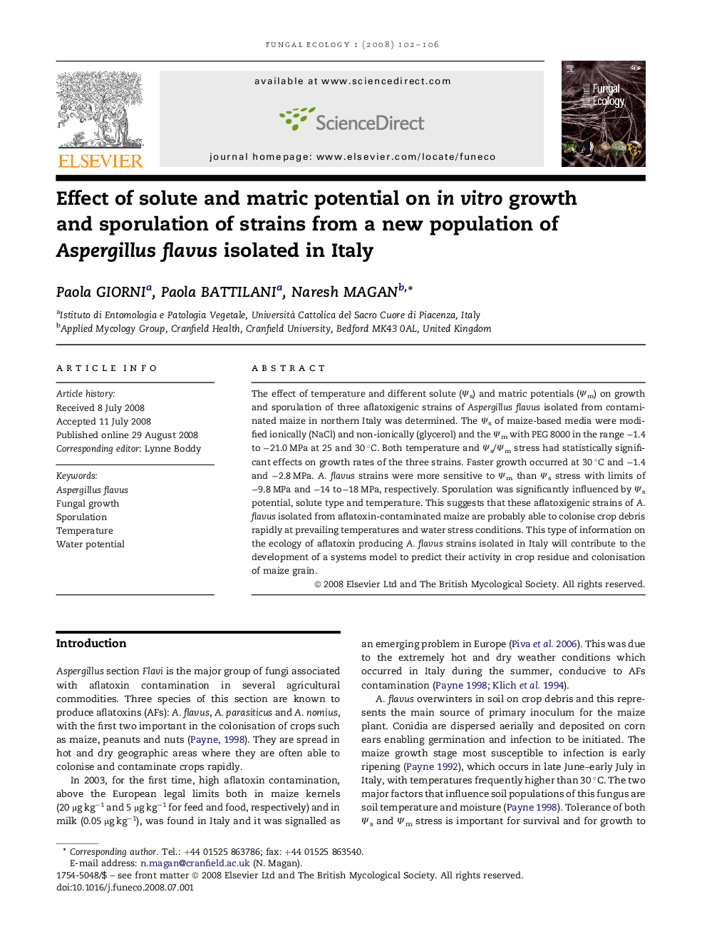 Effect of solute and matric potential on in vitro growth and sporulation of strains from a new population of Aspergillus flavus isolated in Italy