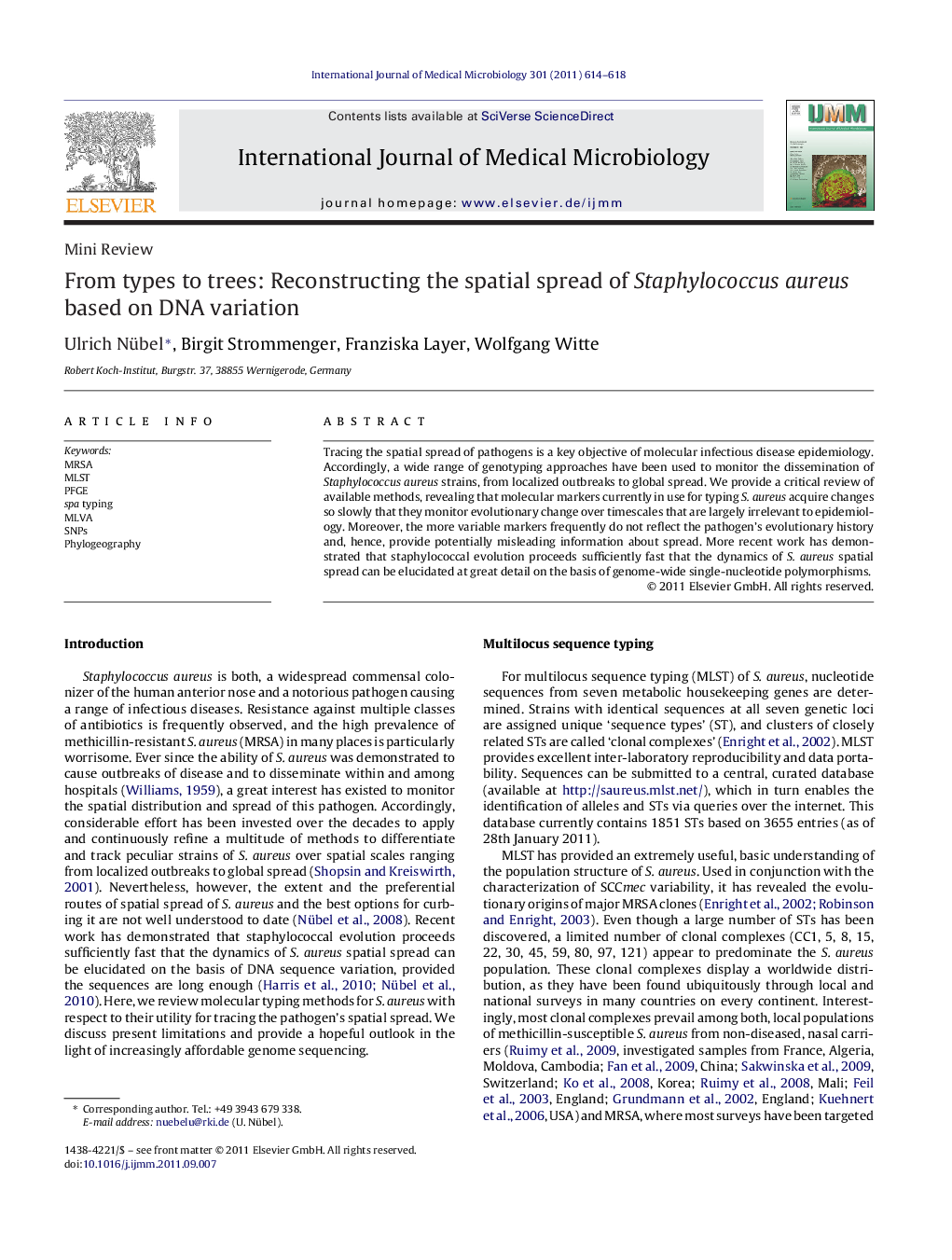 From types to trees: Reconstructing the spatial spread of Staphylococcus aureus based on DNA variation