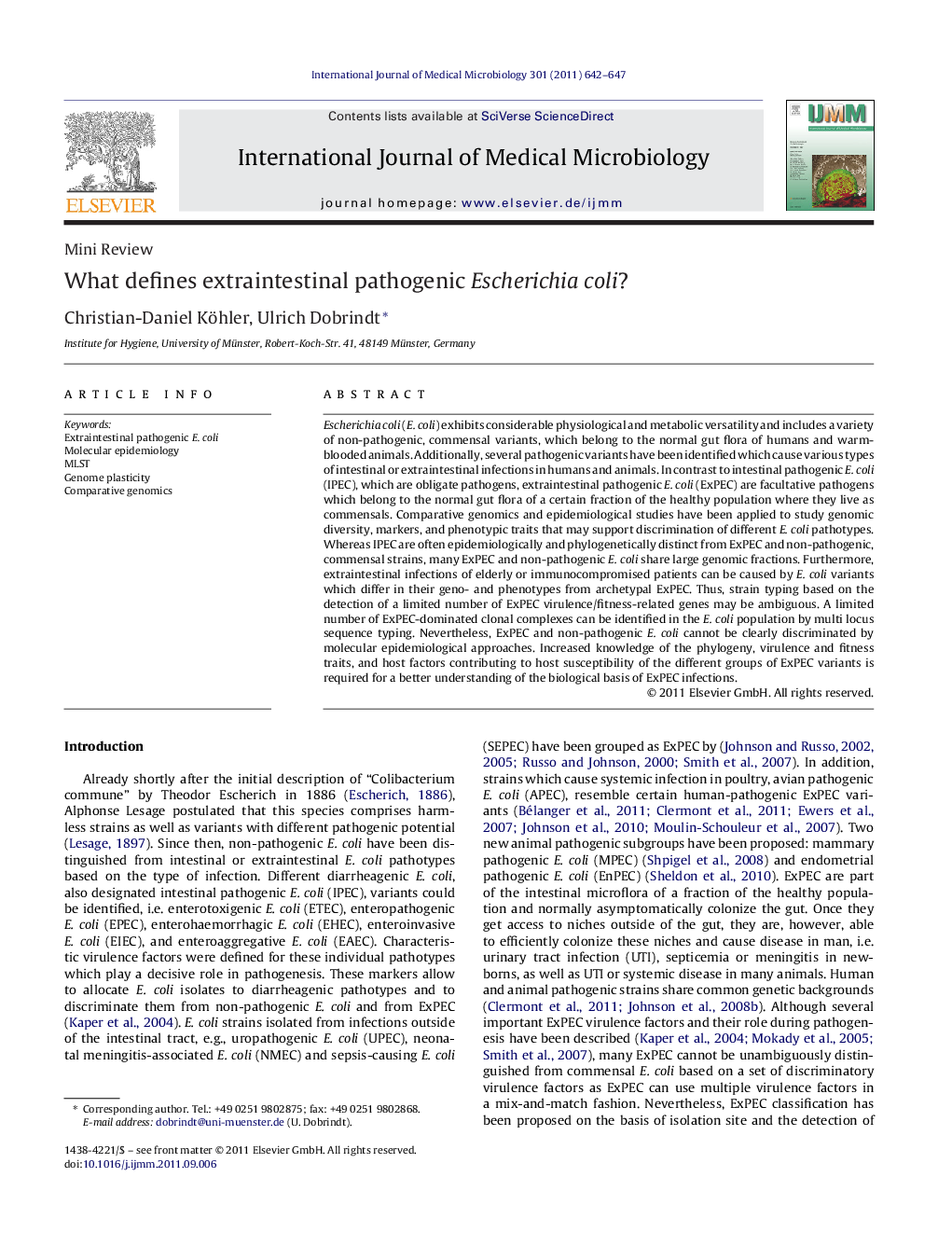 What defines extraintestinal pathogenic Escherichia coli?