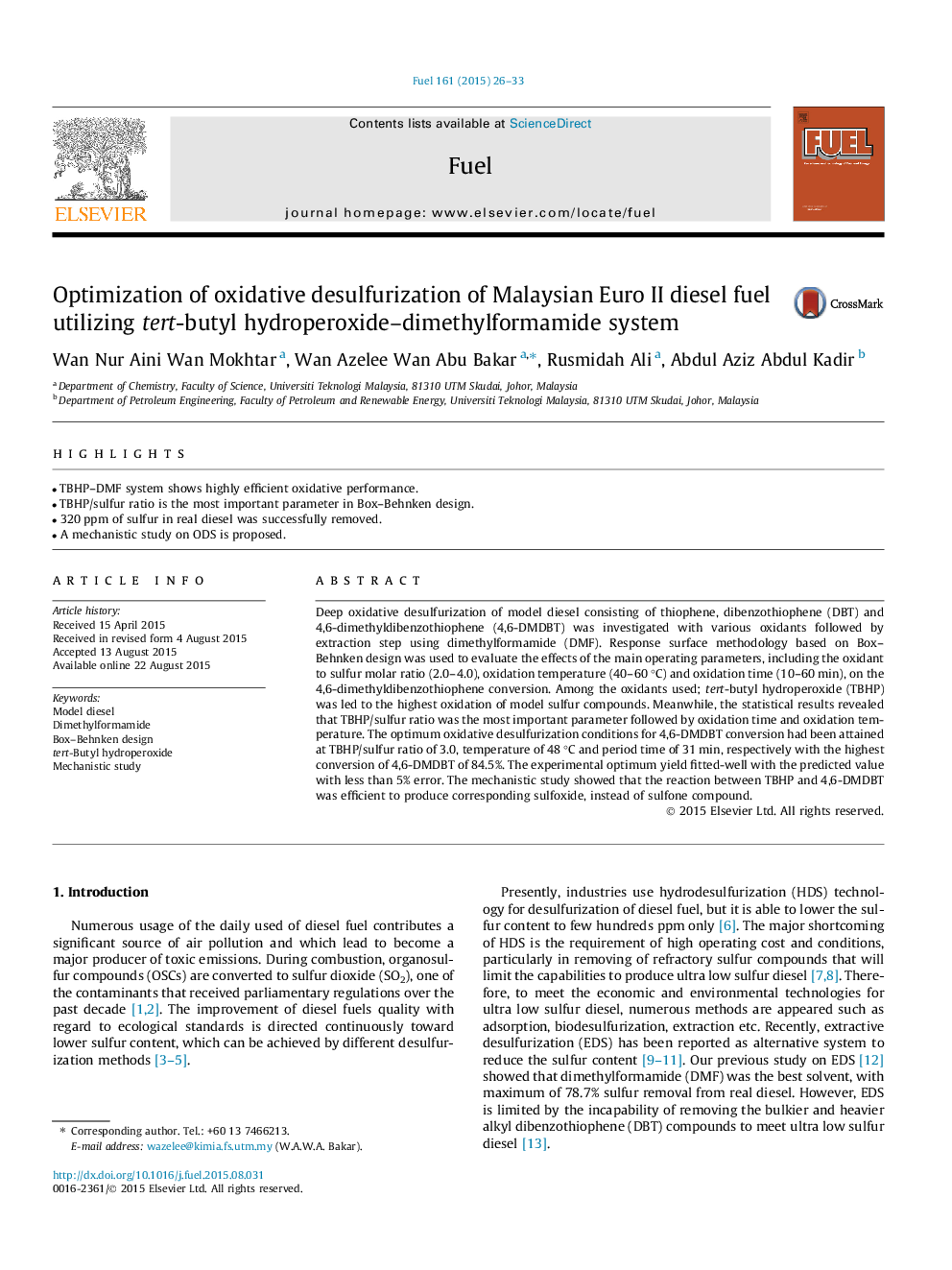عکس صفحه اول مقاله: Optimization of oxidative desulfurization of Malaysian Euro II diesel fuel utilizing tert-butyl hydroperoxide–dimethylformamide system Optimization of oxidative desulfurization of Malaysian Euro II diesel fuel utilizing tert-butyl hydroperoxide–dimethylformamide system