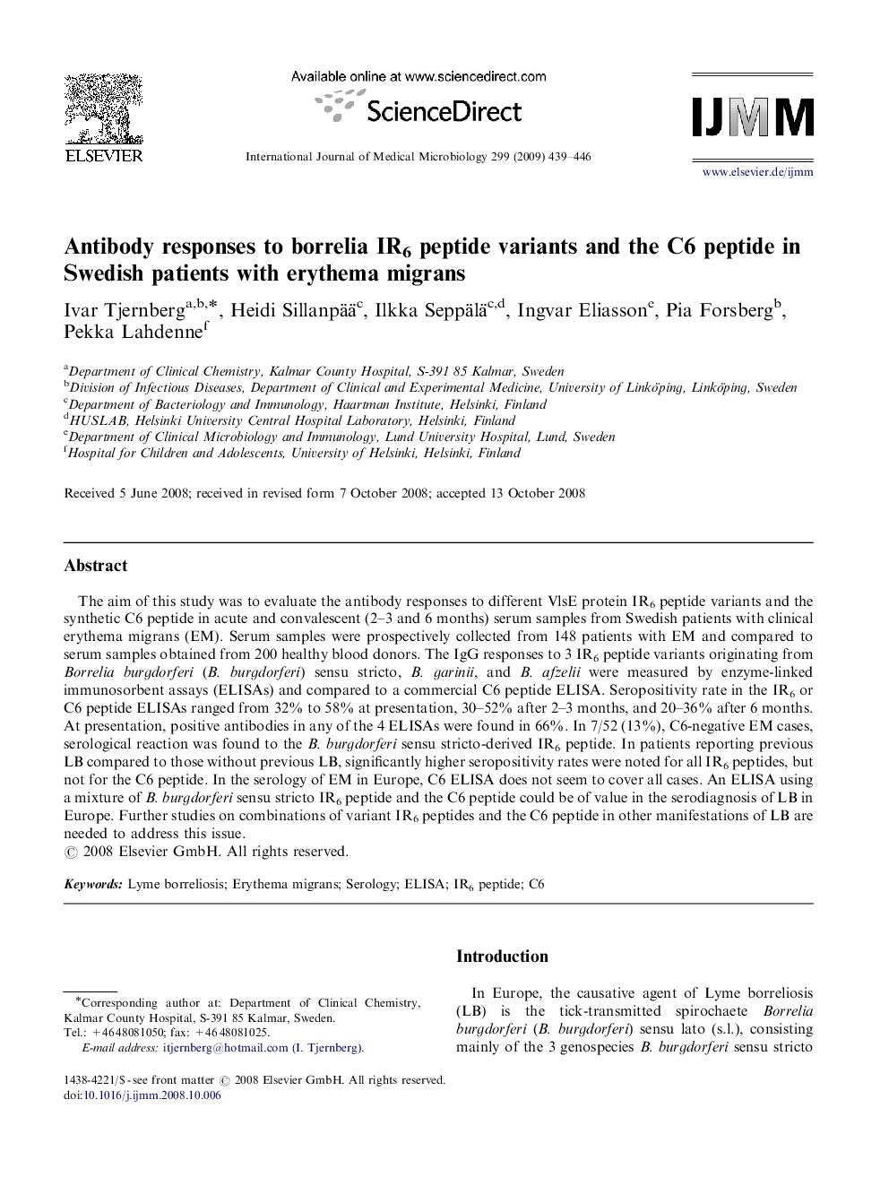 Antibody responses to borrelia IR6 peptide variants and the C6 peptide in Swedish patients with erythema migrans