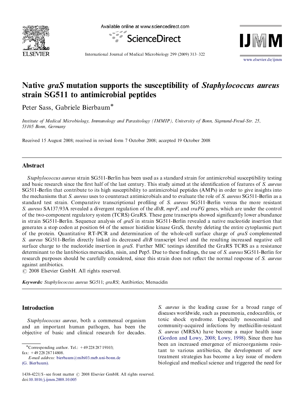 Native graS mutation supports the susceptibility of Staphylococcus aureus strain SG511 to antimicrobial peptides