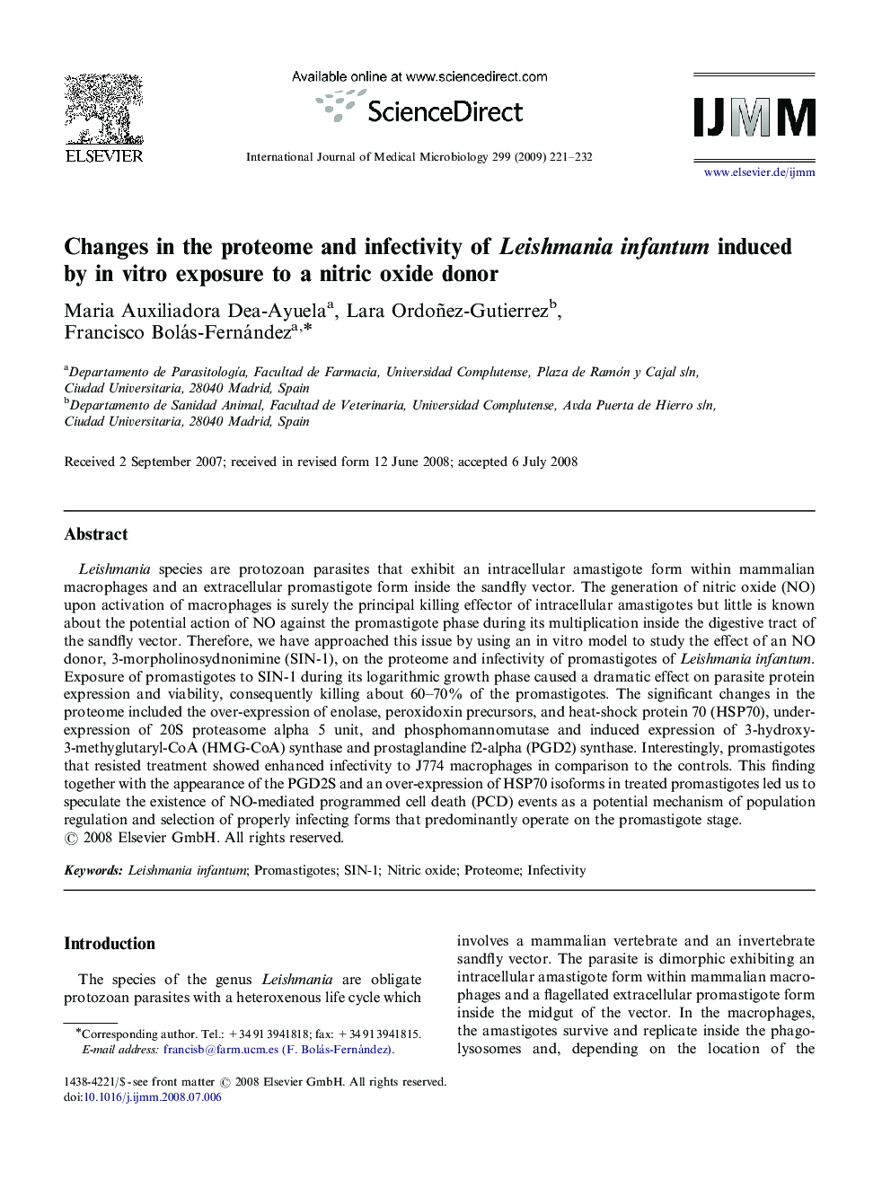 Changes in the proteome and infectivity of Leishmania infantum induced by in vitro exposure to a nitric oxide donor