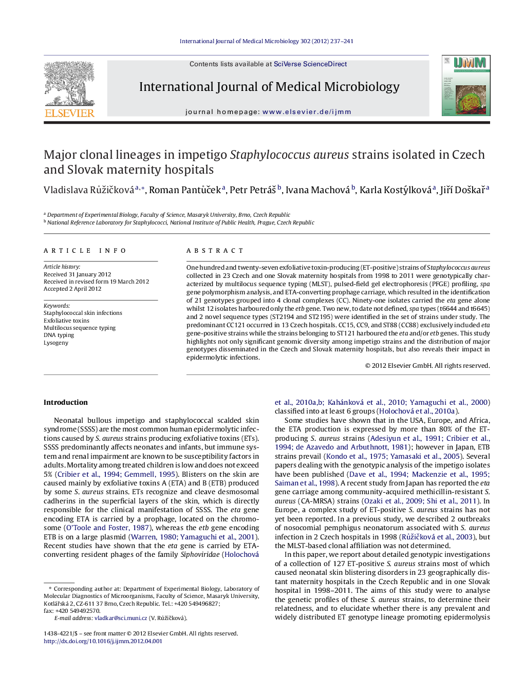 Major clonal lineages in impetigo Staphylococcus aureus strains isolated in Czech and Slovak maternity hospitals