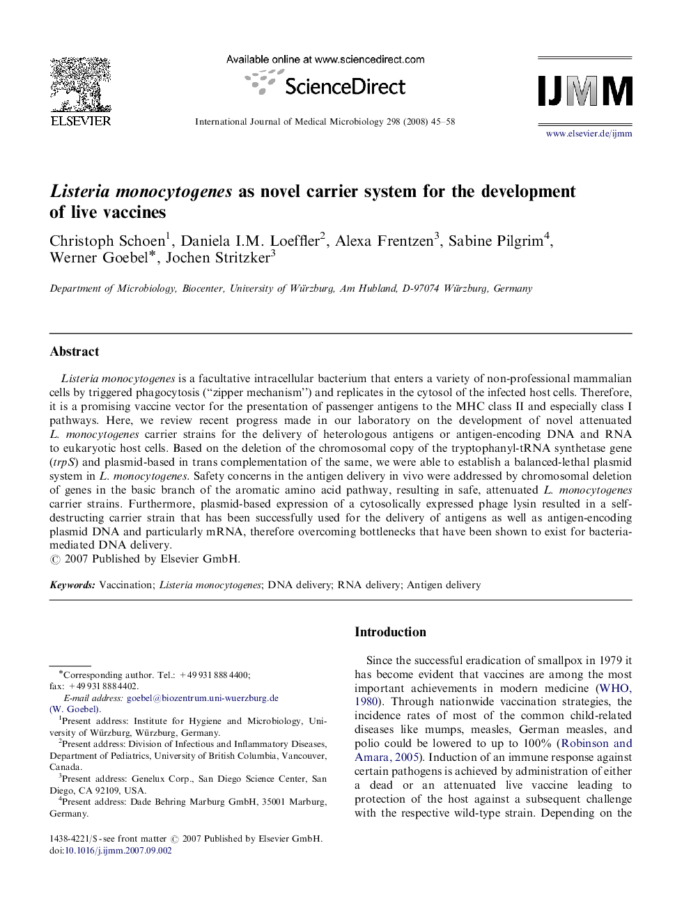 Listeria monocytogenes as novel carrier system for the development of live vaccines