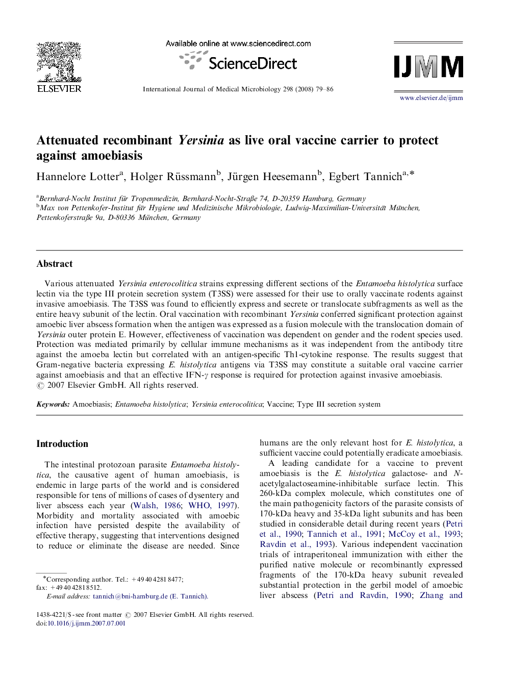 Attenuated recombinant Yersinia as live oral vaccine carrier to protect against amoebiasis