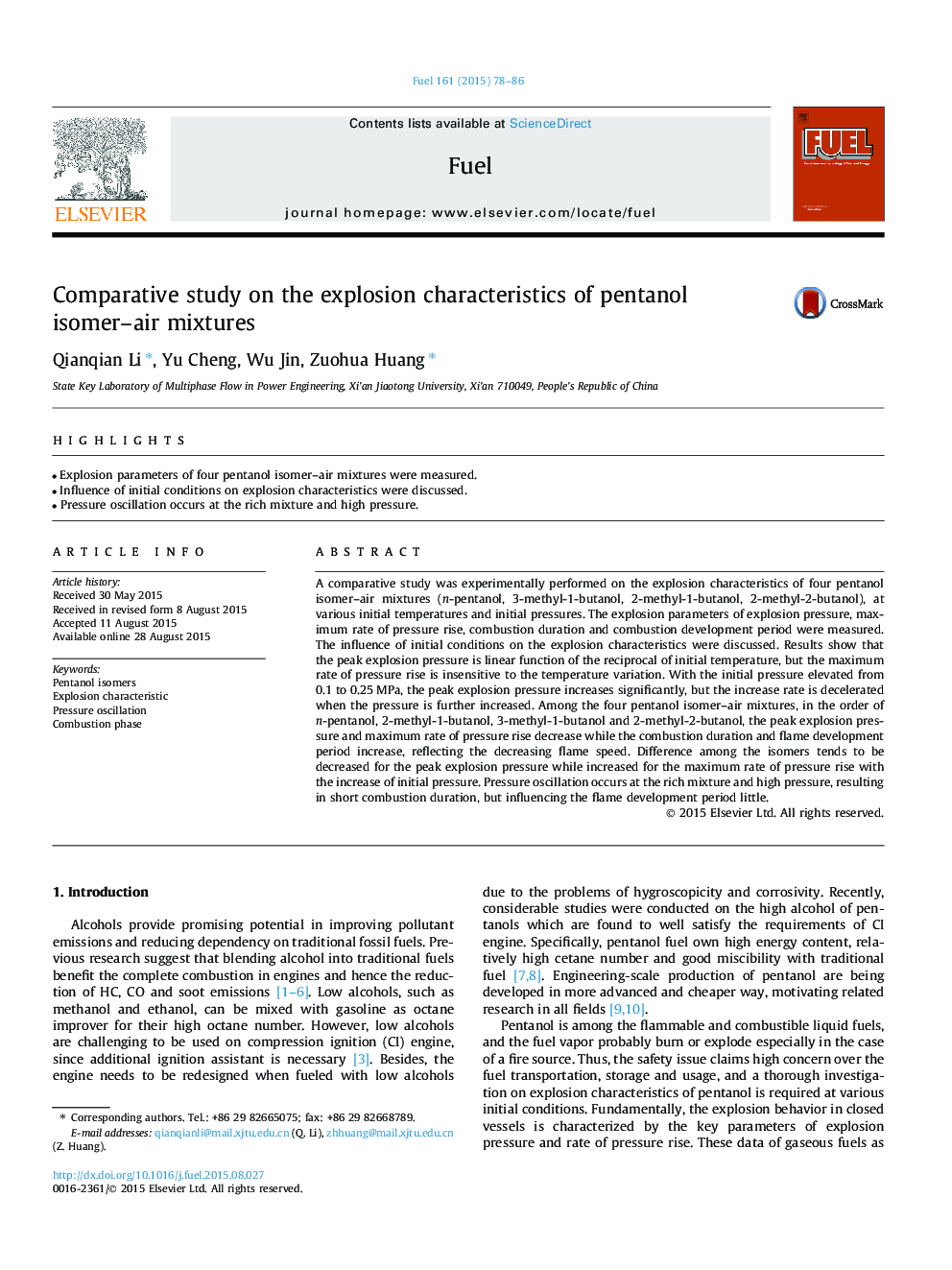 Comparative study on the explosion characteristics of pentanol isomer–air mixtures