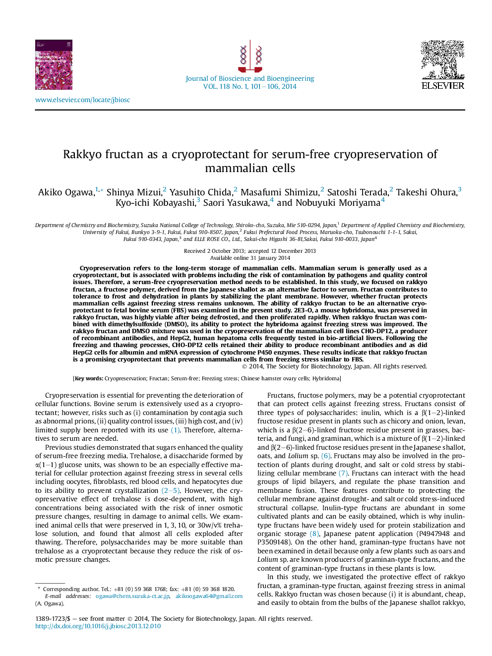 Rakkyo fructan as a cryoprotectant for serum-free cryopreservation of mammalian cells