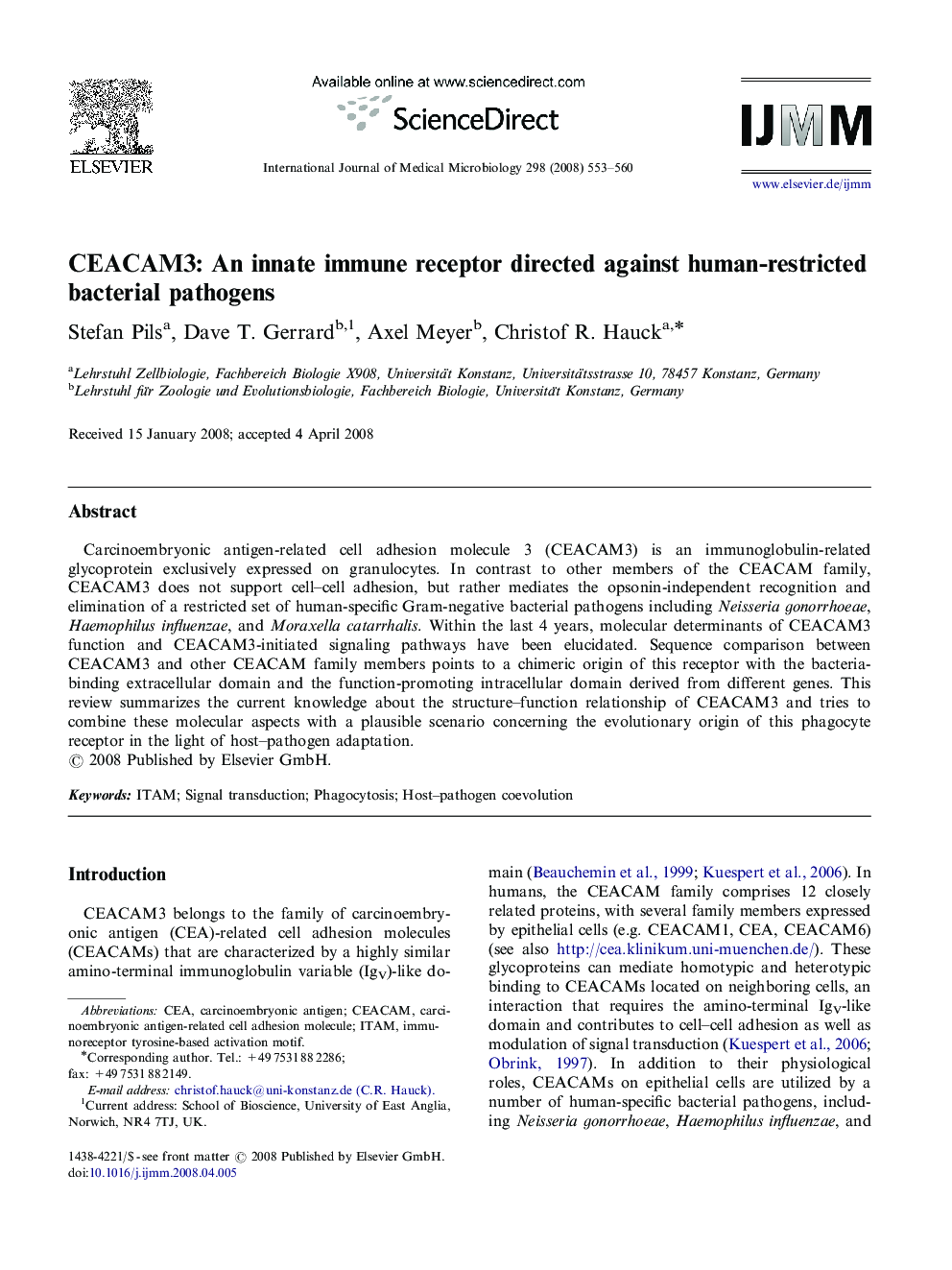 CEACAM3: An innate immune receptor directed against human-restricted bacterial pathogens