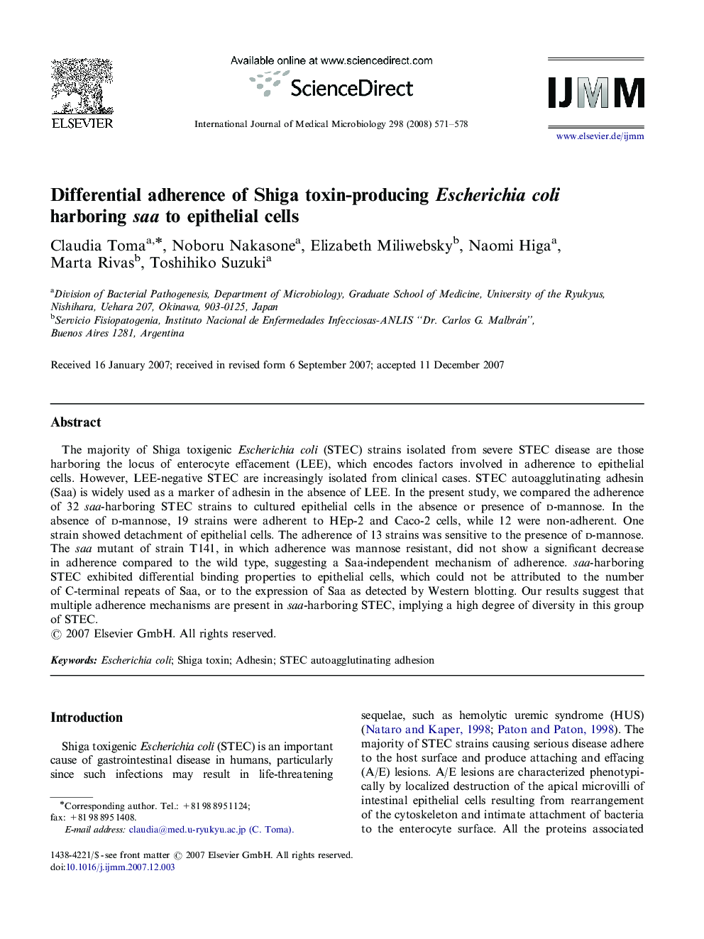 Differential adherence of Shiga toxin-producing Escherichia coli harboring saa to epithelial cells