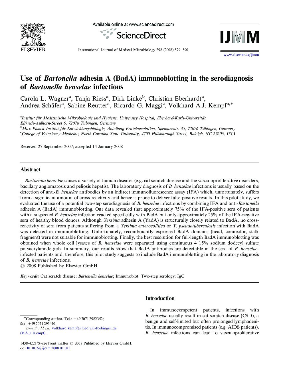 Use of Bartonella adhesin A (BadA) immunoblotting in the serodiagnosis of Bartonella henselae infections