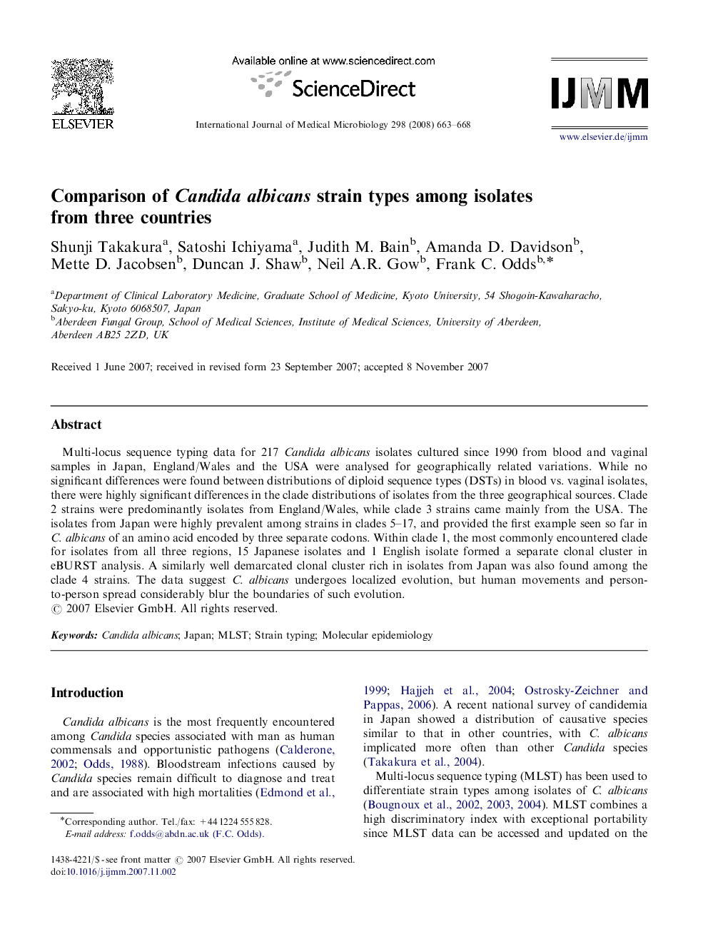 Comparison of Candida albicans strain types among isolates from three countries