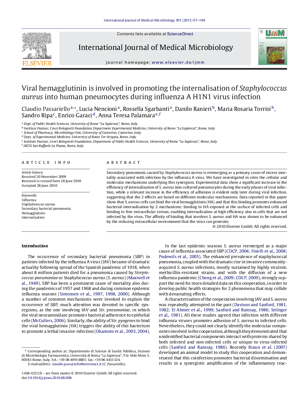 Viral hemagglutinin is involved in promoting the internalisation of Staphylococcus aureus into human pneumocytes during influenza A H1N1 virus infection