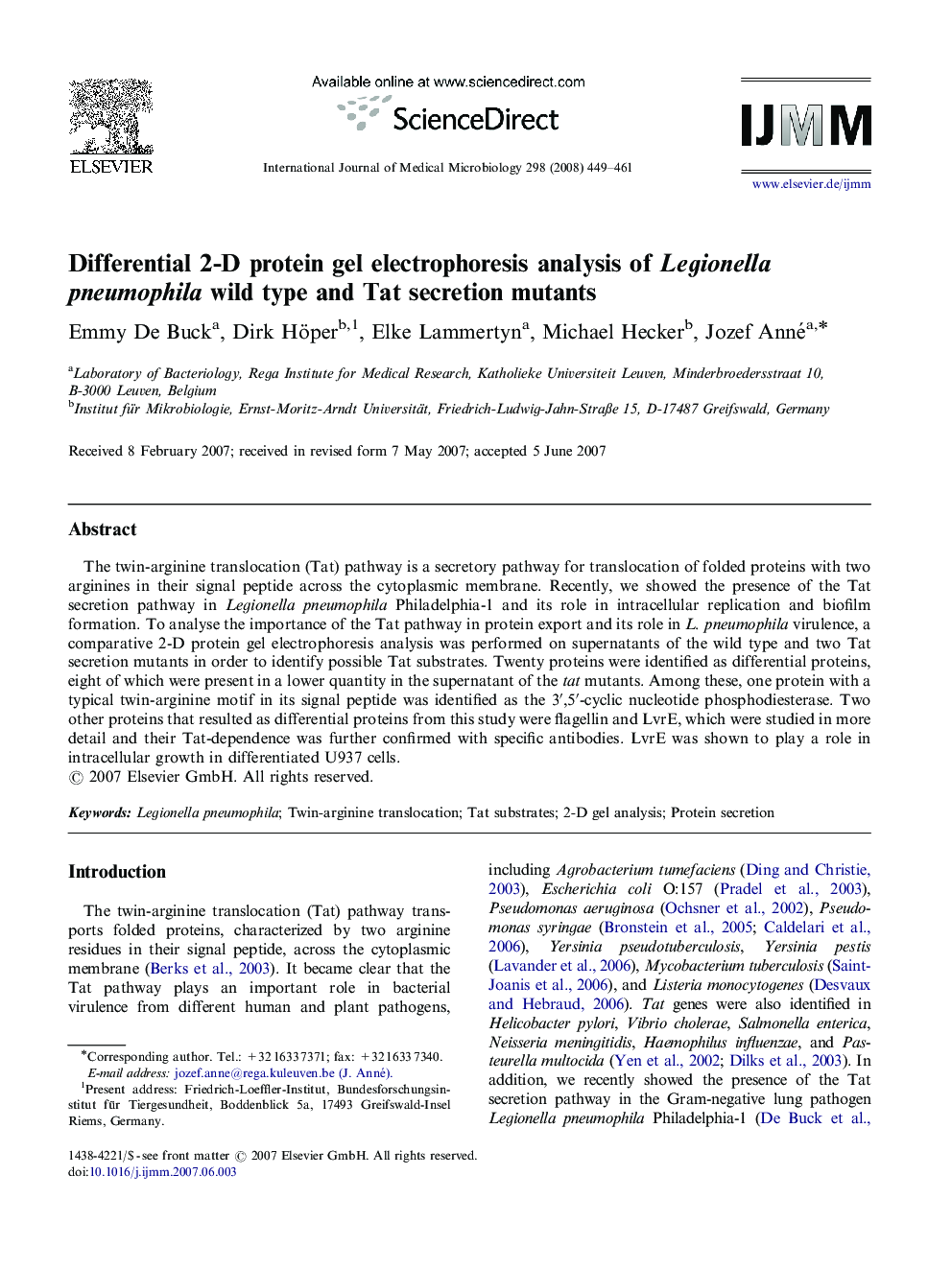 Differential 2-D protein gel electrophoresis analysis of Legionella pneumophila wild type and Tat secretion mutants