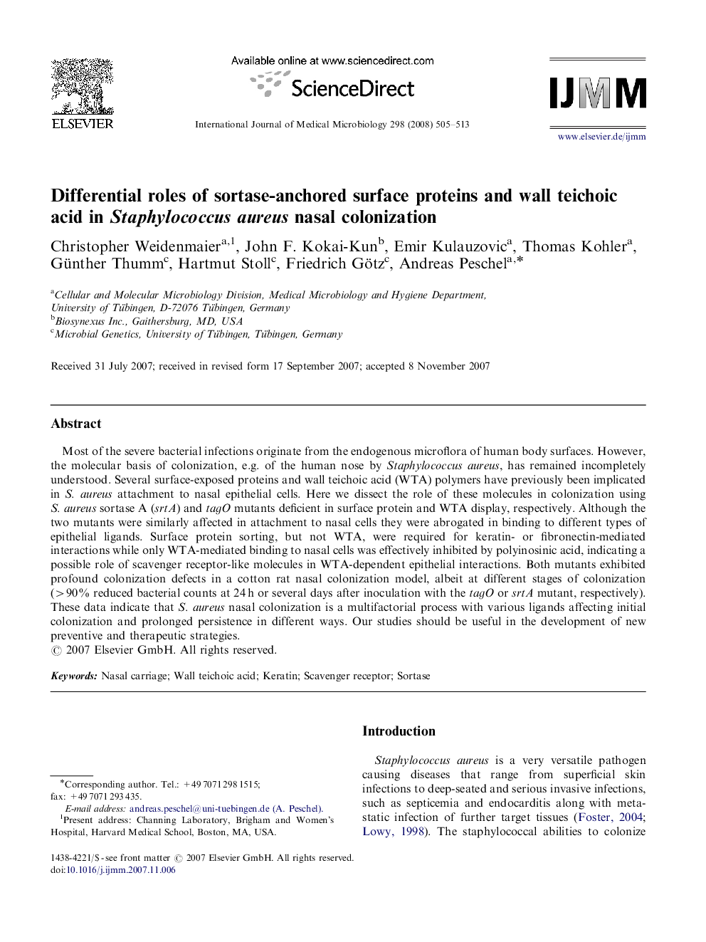 Differential roles of sortase-anchored surface proteins and wall teichoic acid in Staphylococcus aureus nasal colonization