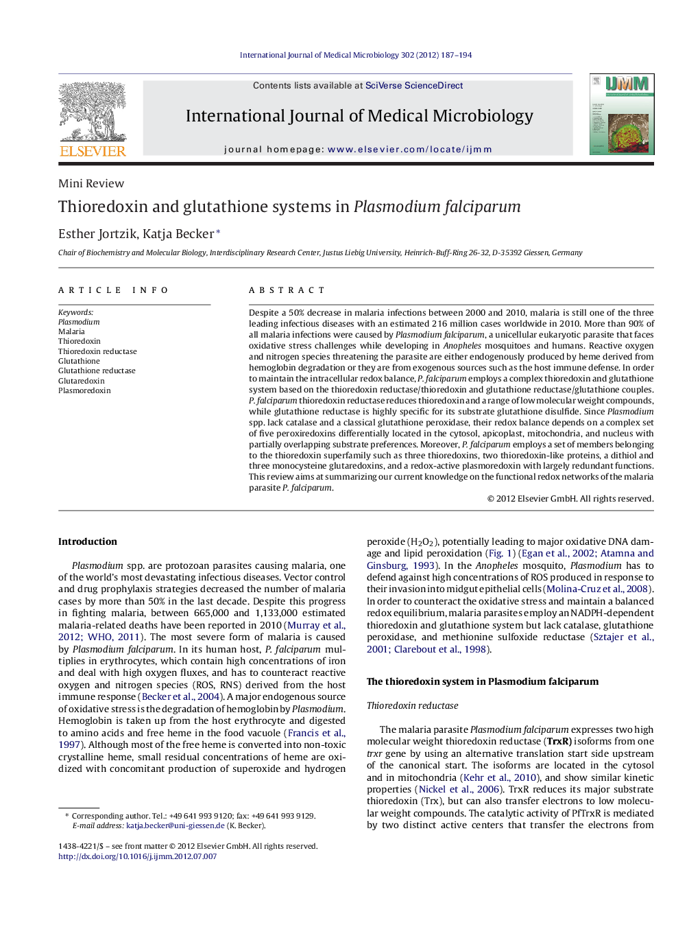 Thioredoxin and glutathione systems in Plasmodium falciparum