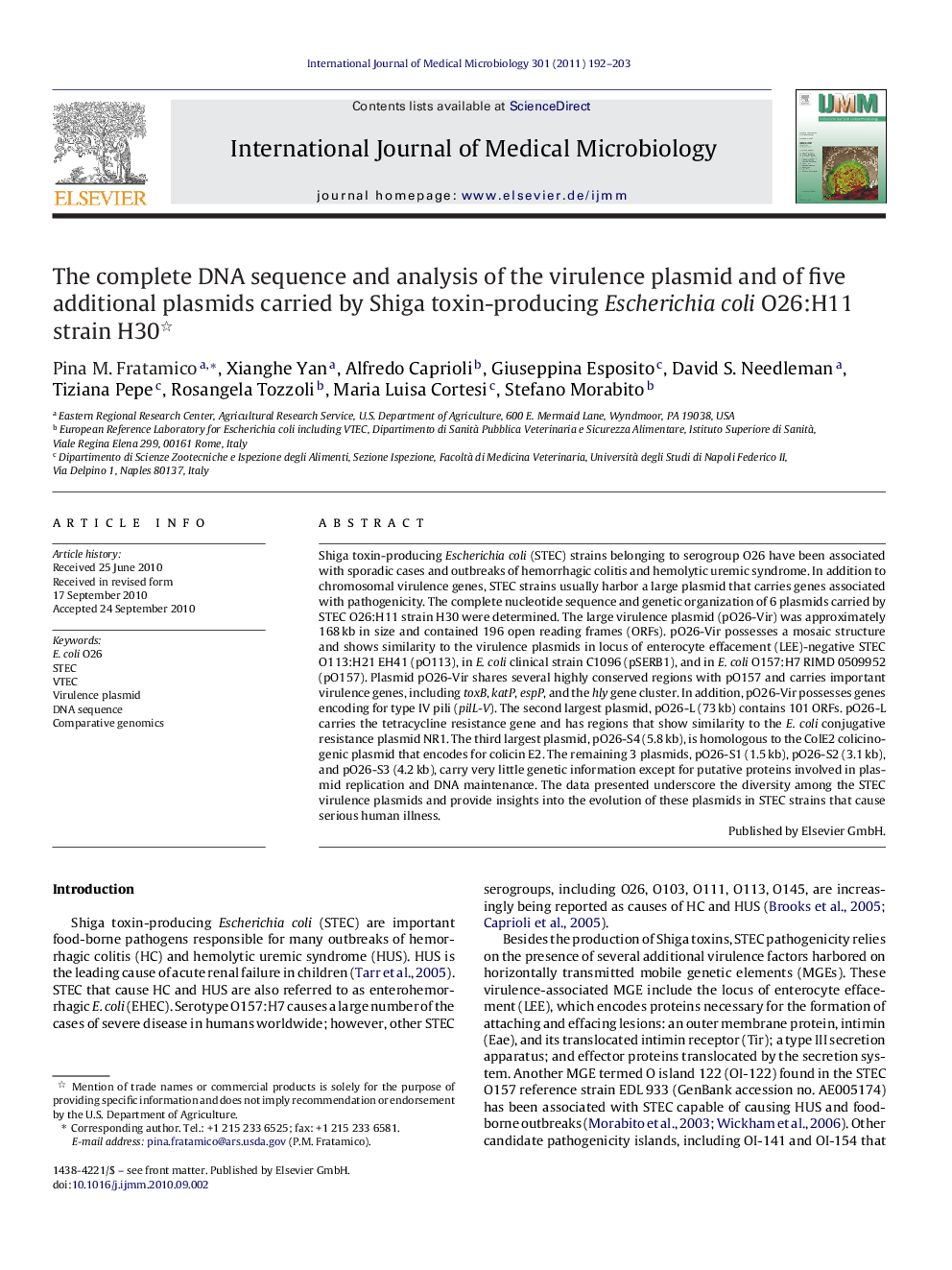 The complete DNA sequence and analysis of the virulence plasmid and of five additional plasmids carried by Shiga toxin-producing Escherichia coli O26:H11 strain H30 