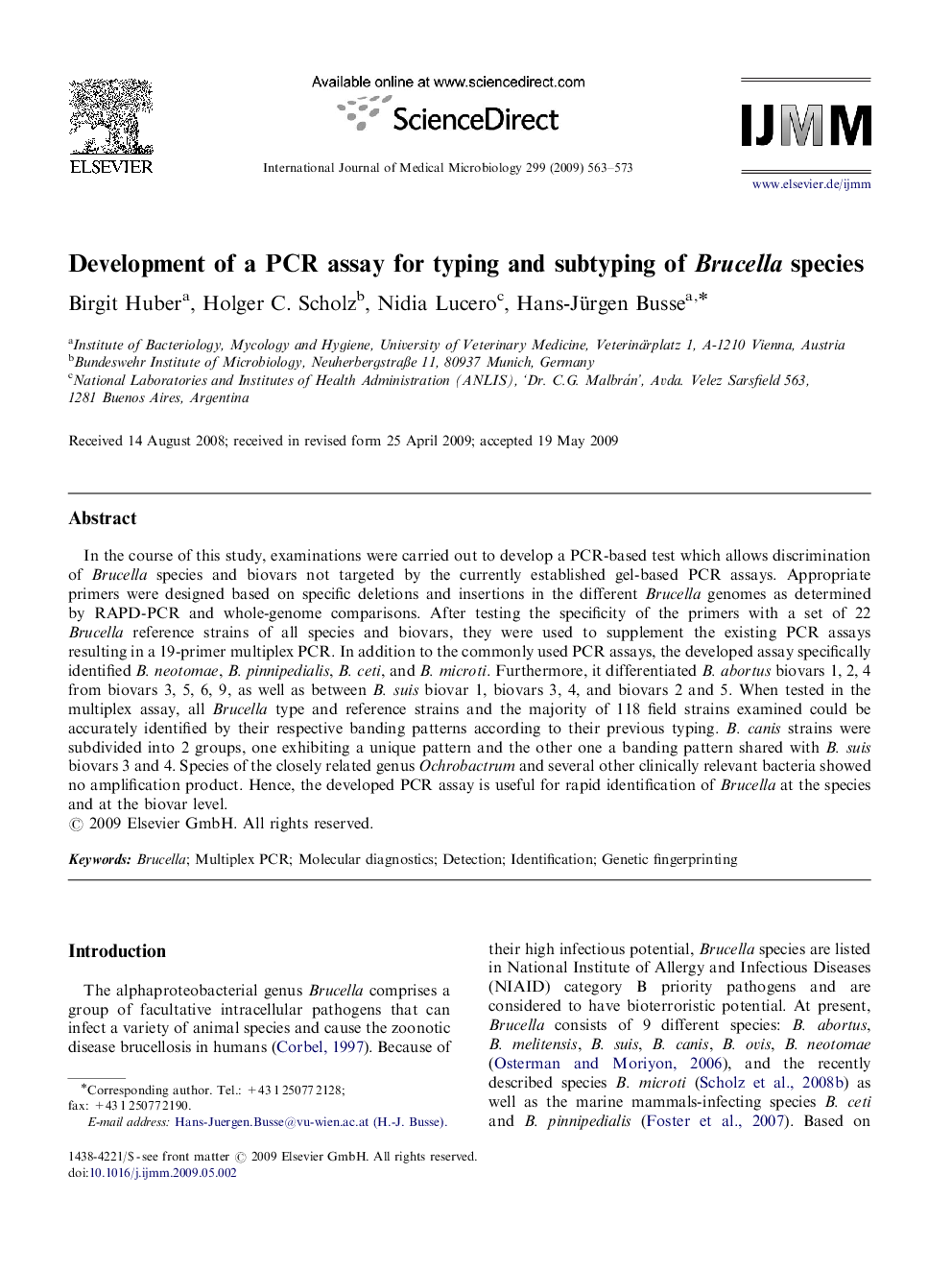 Development of a PCR assay for typing and subtyping of Brucella species