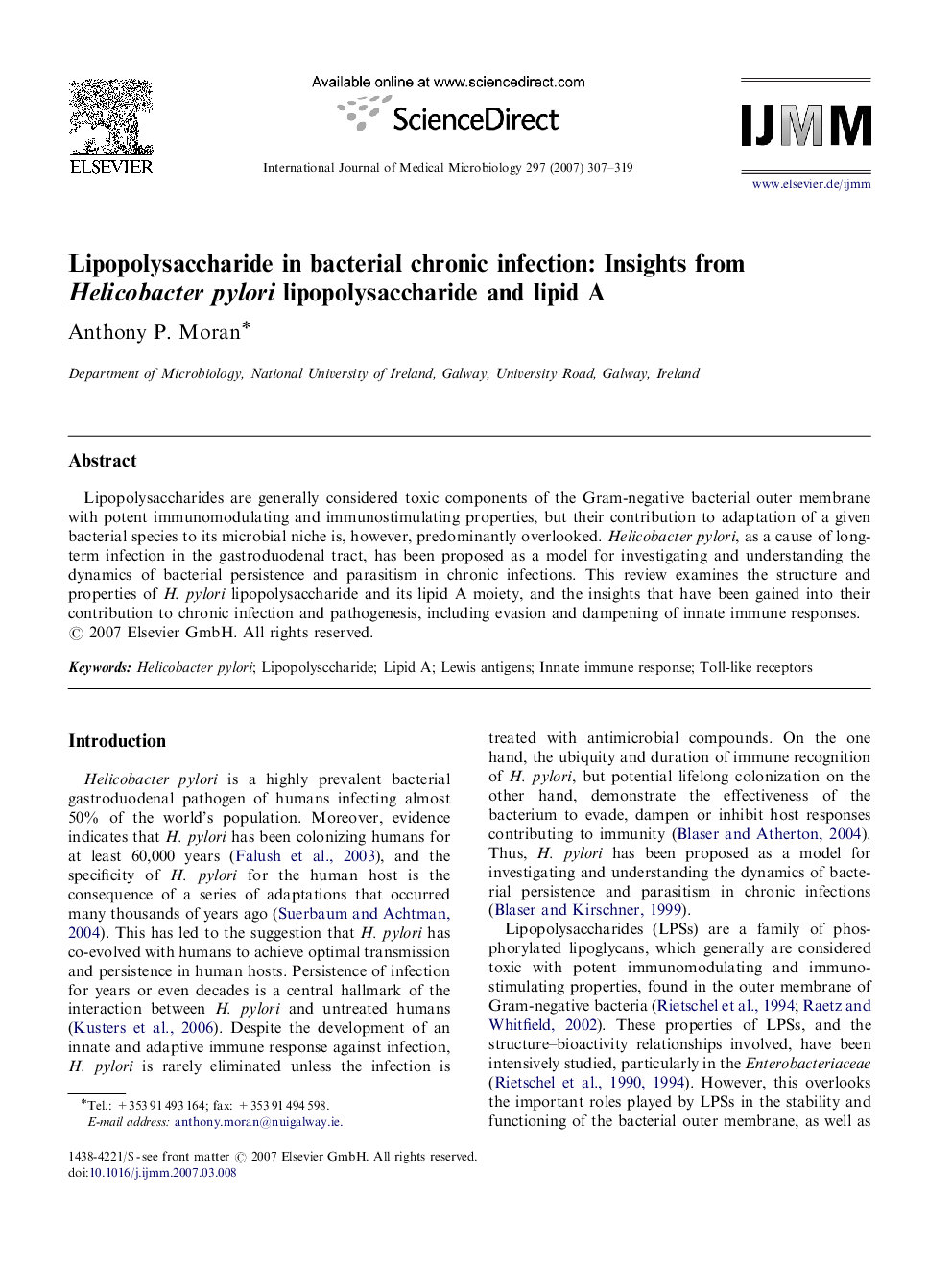 Lipopolysaccharide in bacterial chronic infection: Insights from Helicobacter pylori lipopolysaccharide and lipid A