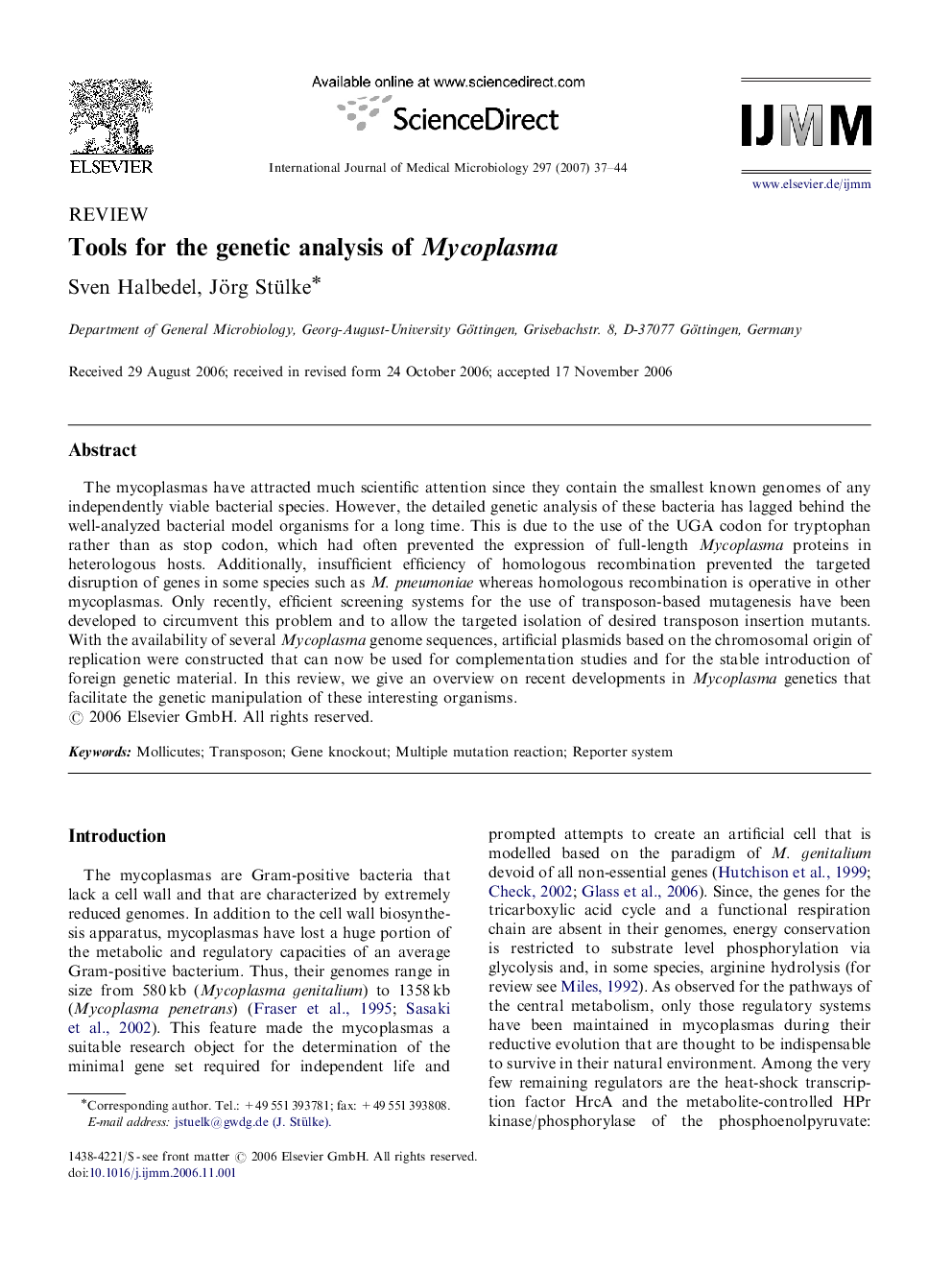 Tools for the genetic analysis of Mycoplasma