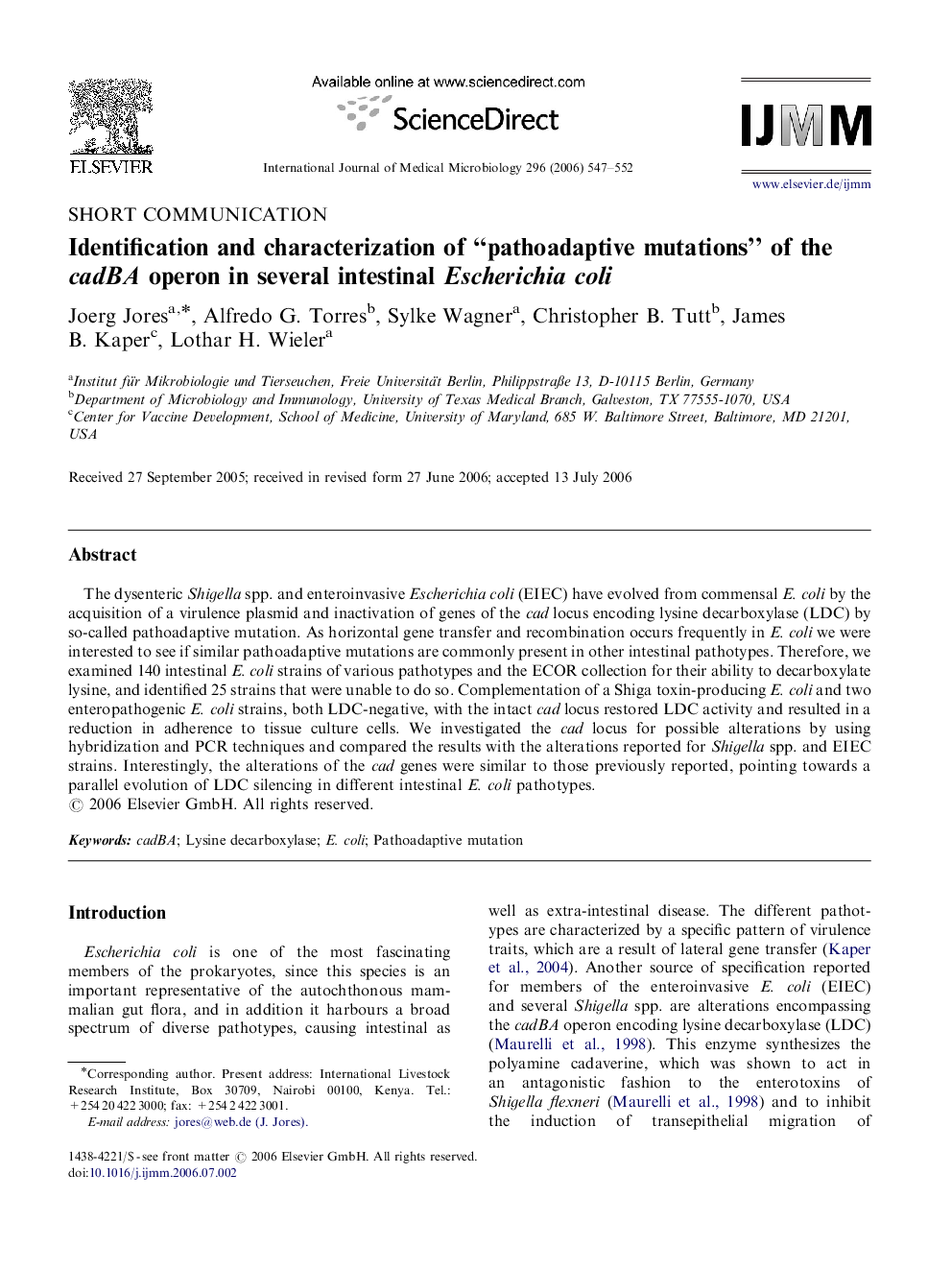 Identification and characterization of “pathoadaptive mutations” of the cadBA operon in several intestinal Escherichia coli